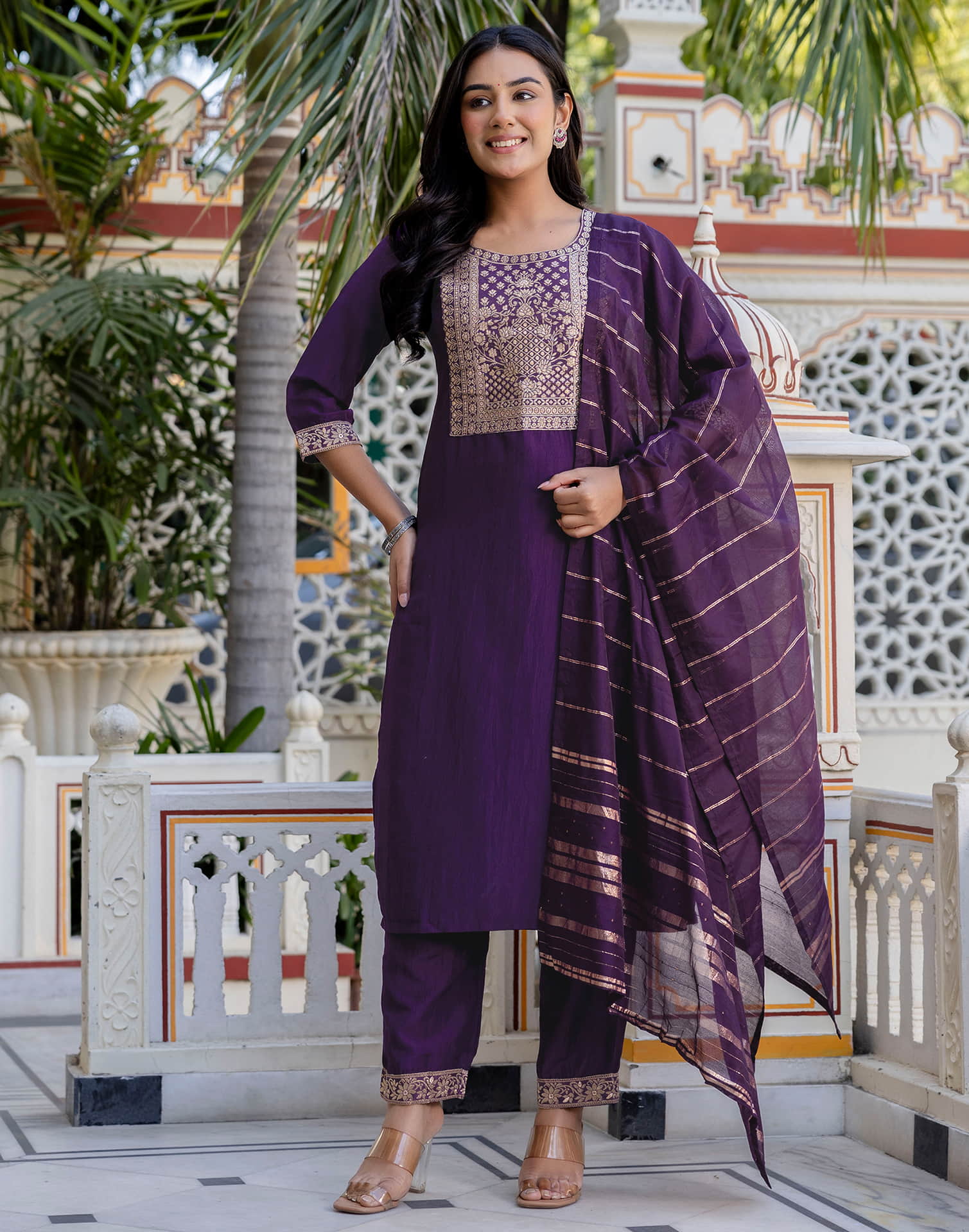 Dark Purple Chinnon Woven Straight Kurta Set With Dupatta