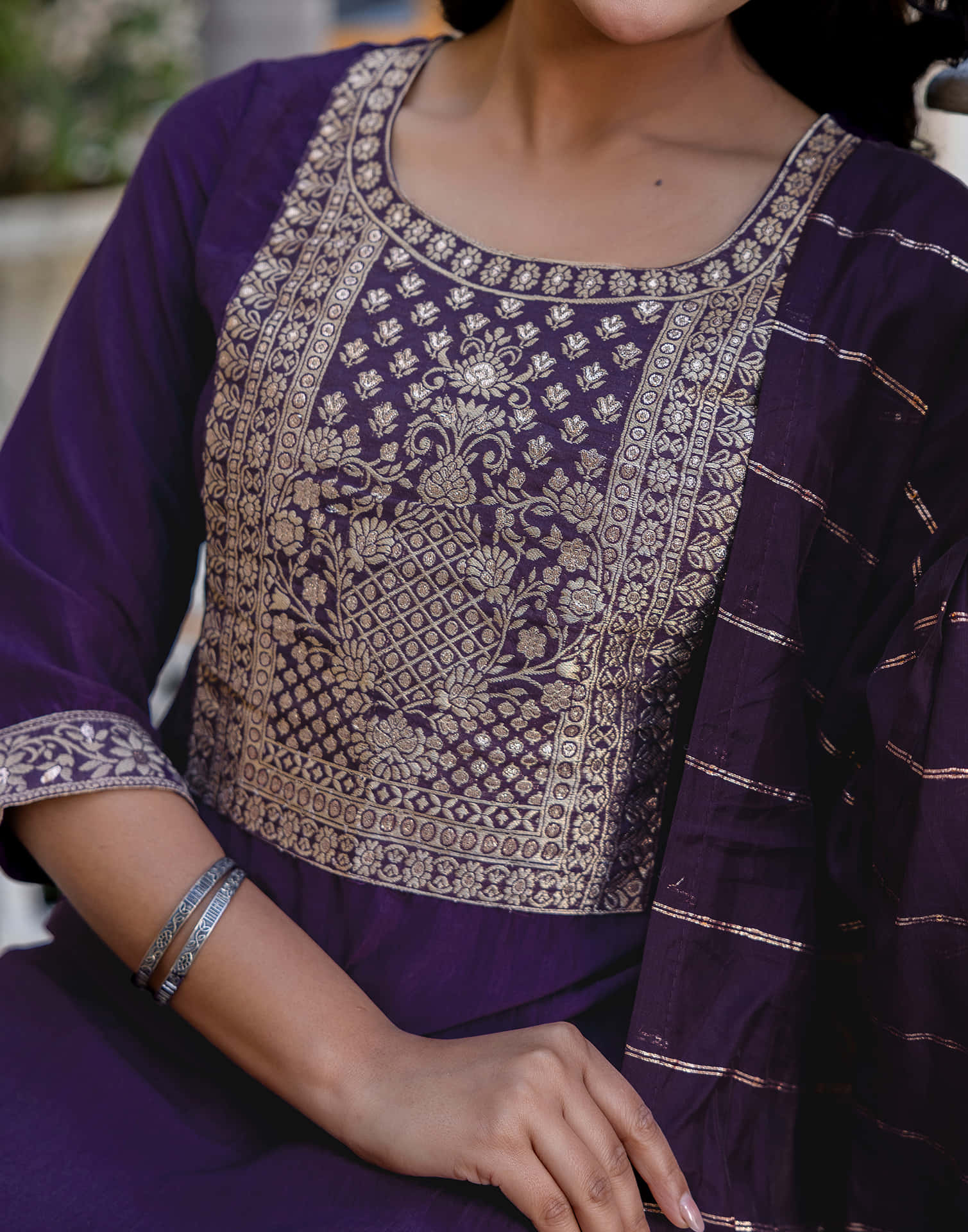 Dark Purple Chinnon Woven Straight Kurta Set With Dupatta