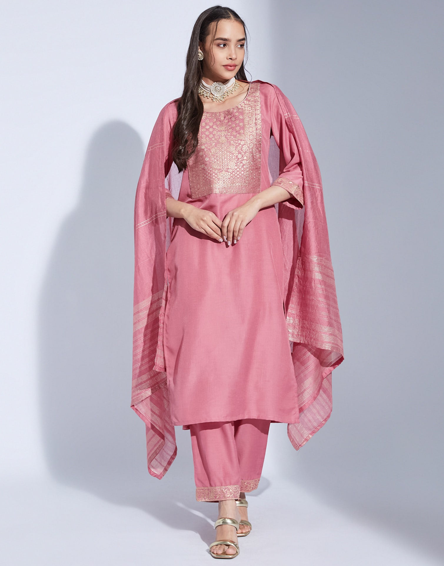 Dusty Pink Chinnon Woven Straight Kurta Set With Dupatta