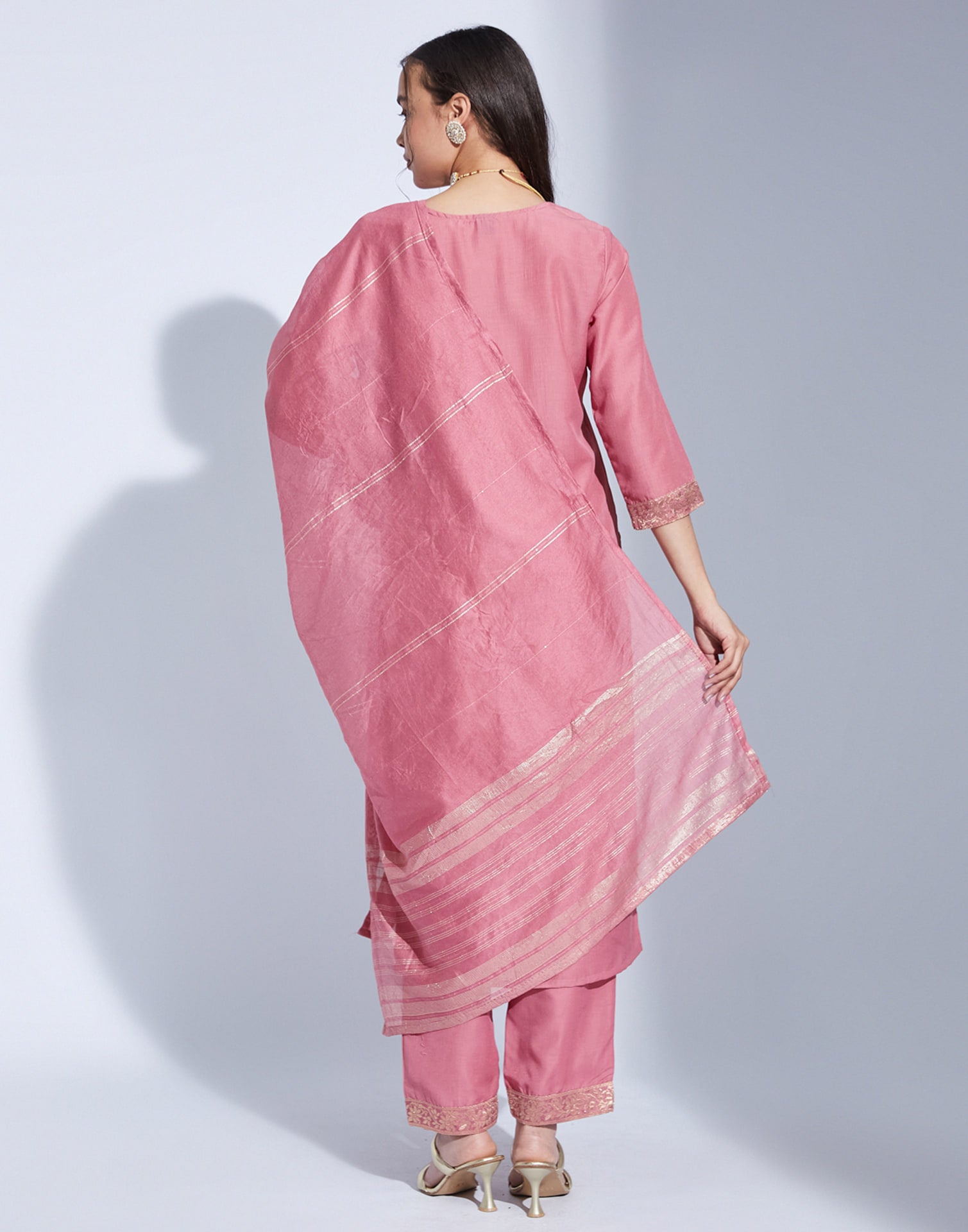 Dusty Pink Chinnon Woven Straight Kurta Set With Dupatta
