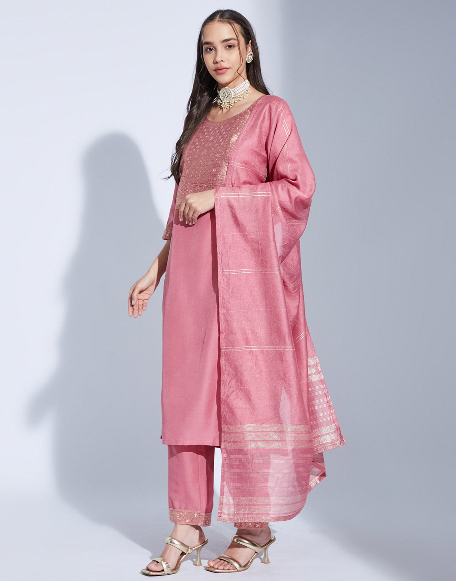 Dusty Pink Chinnon Woven Straight Kurta Set With Dupatta