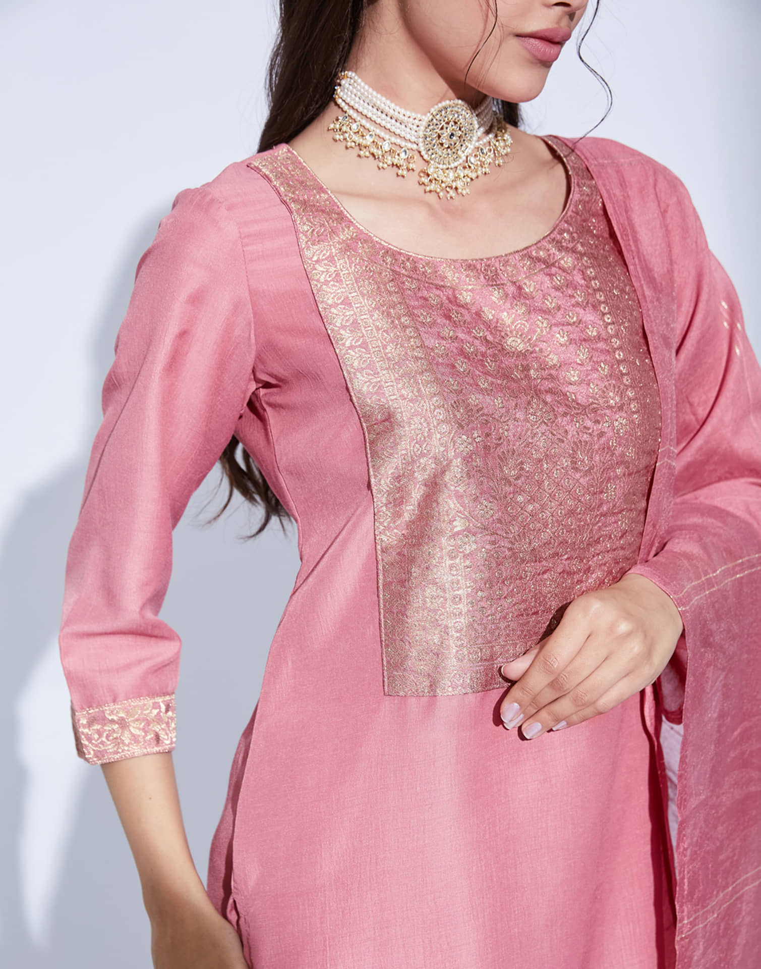 Dusty Pink Chinnon Woven Straight Kurta Set With Dupatta