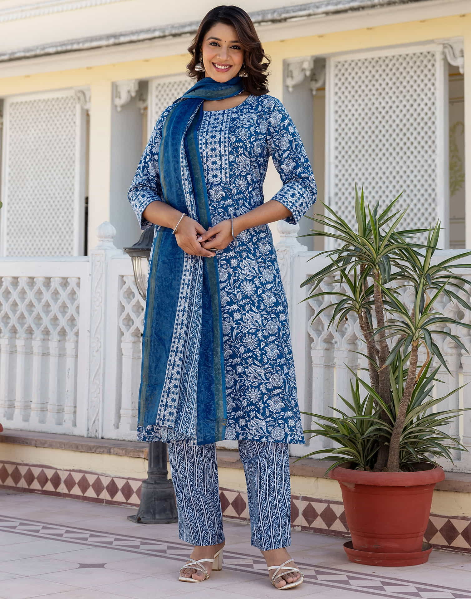 Dark Blue Cotton Printed Straight Kurta Set With Dupatta