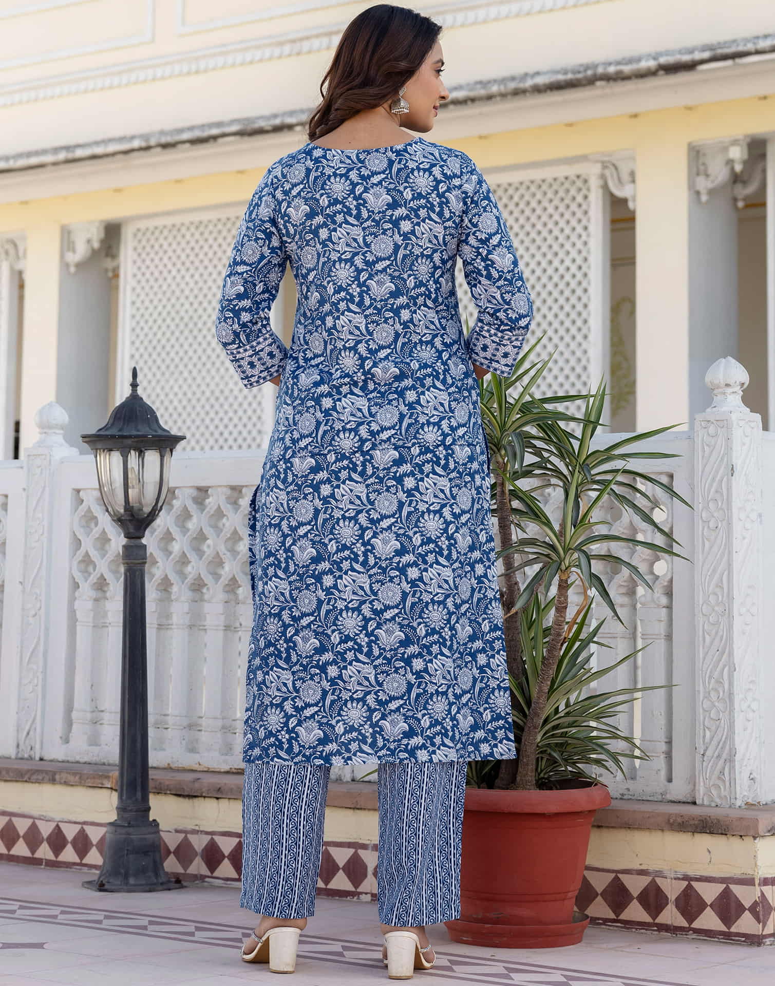 Dark Blue Cotton Printed Straight Kurta Set With Dupatta