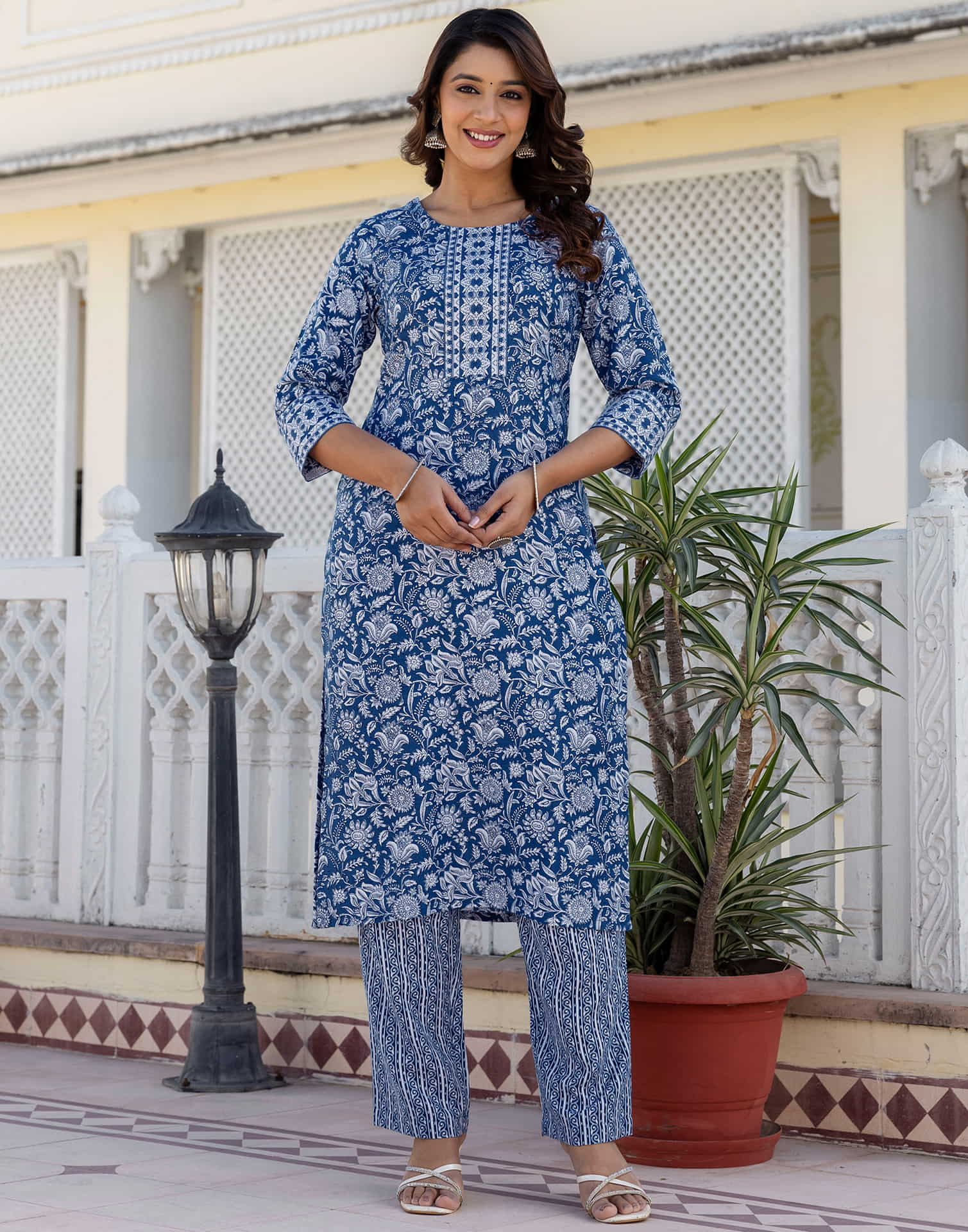 Dark Blue Cotton Printed Straight Kurta Set With Dupatta