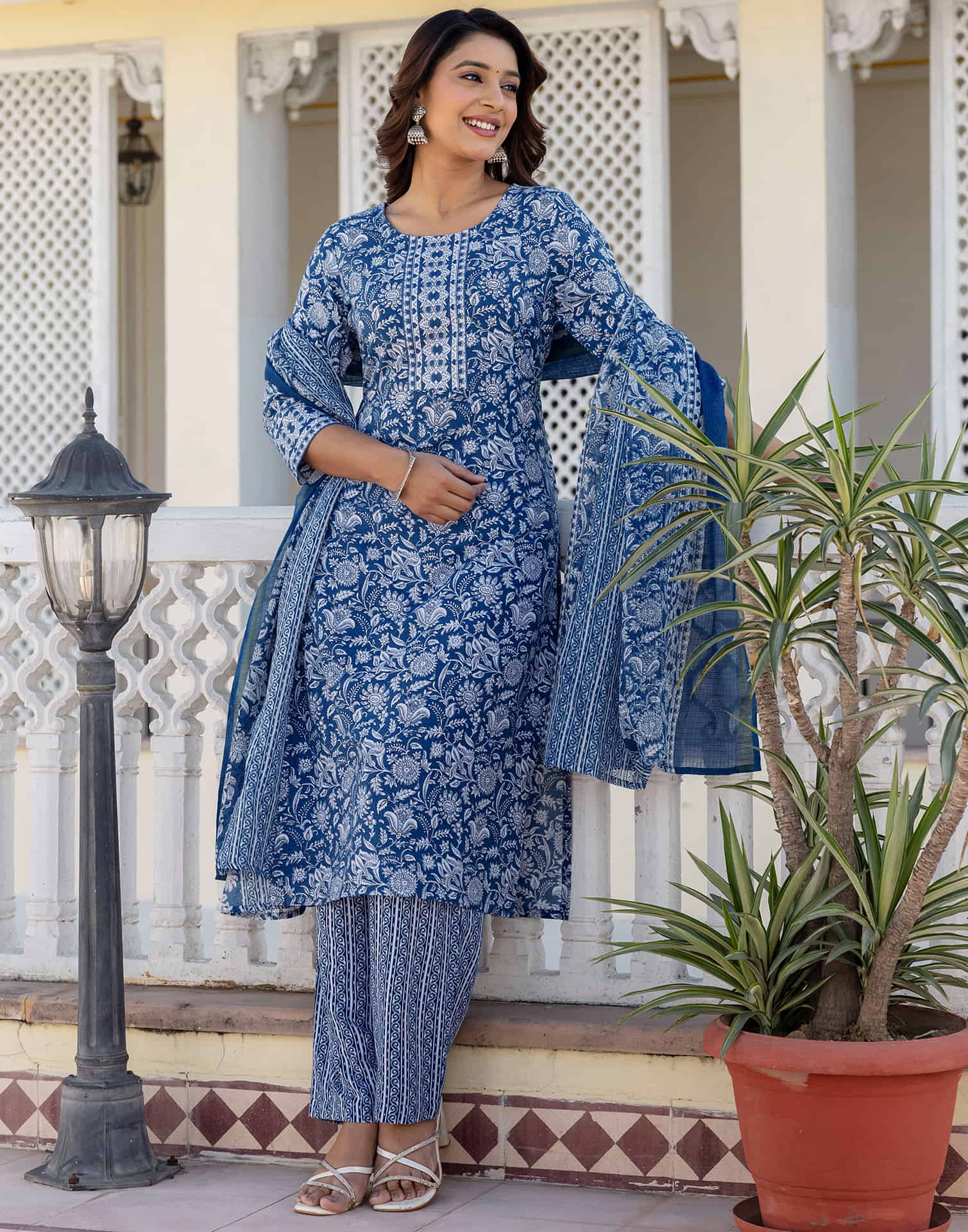 Dark Blue Cotton Printed Straight Kurta Set With Dupatta