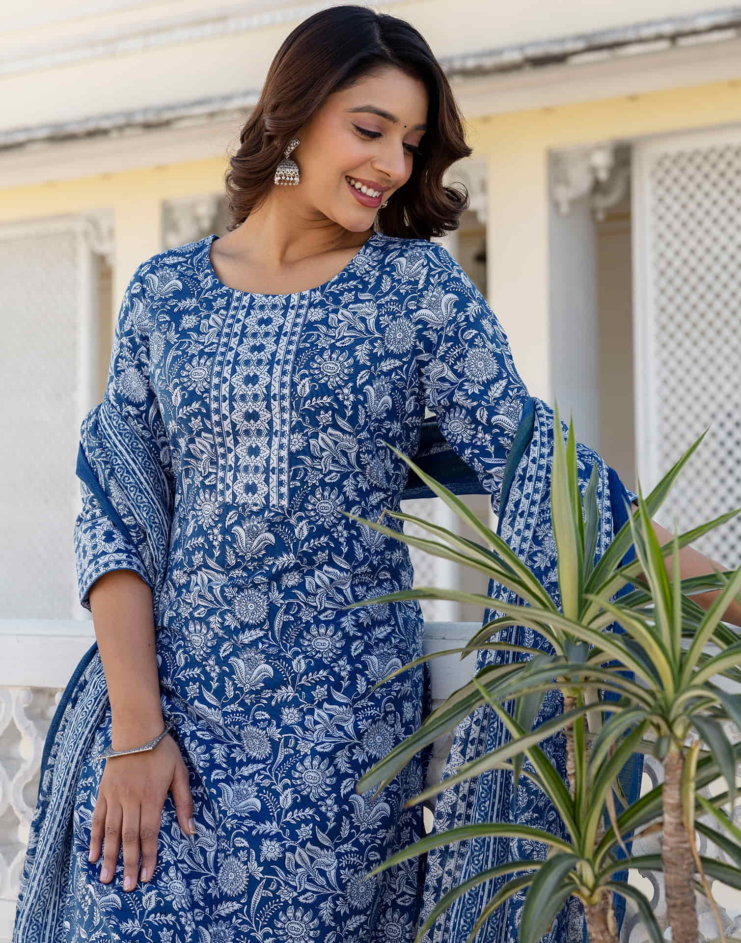 Dark Blue Cotton Printed Straight Kurta Set With Dupatta