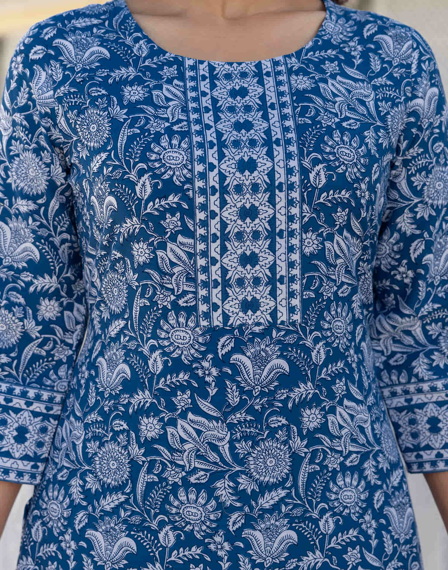 Dark Blue Cotton Printed Straight Kurta Set With Dupatta