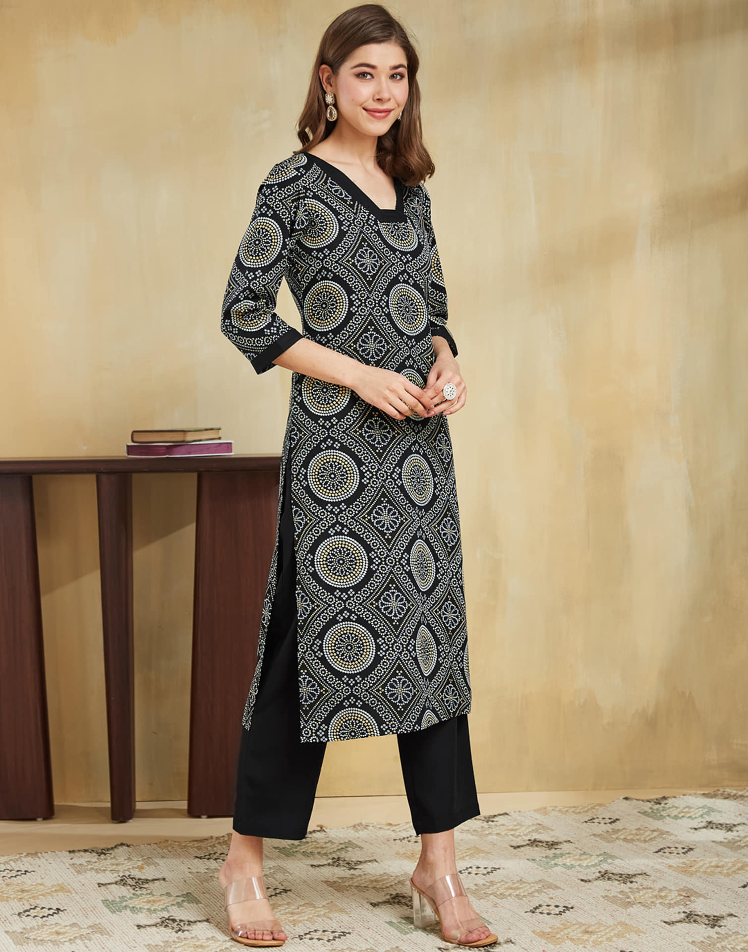 Black Crepe Bandhani Printed Straight Kurta Set With Dupatta