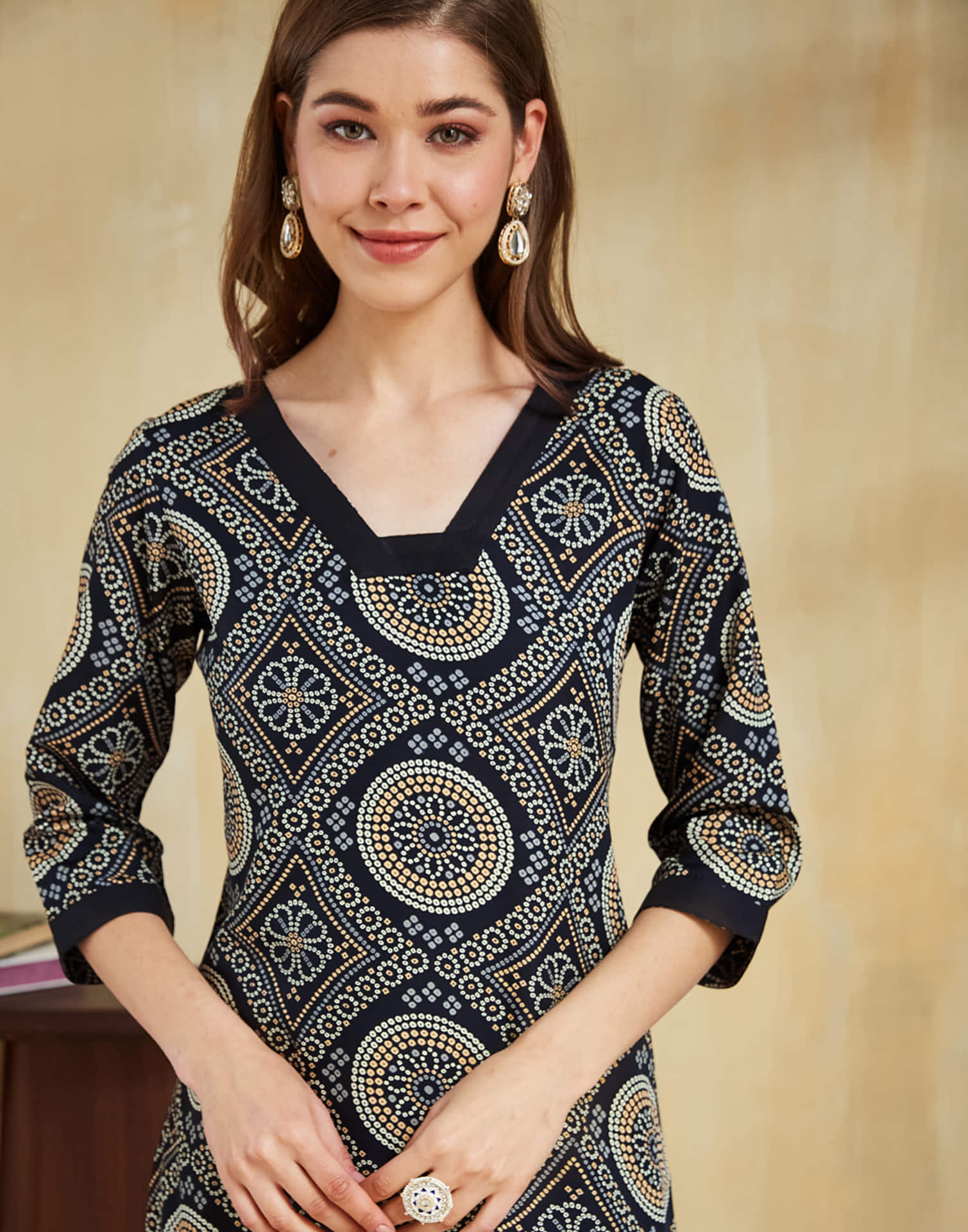 Black Crepe Bandhani Printed Straight Kurta Set With Dupatta