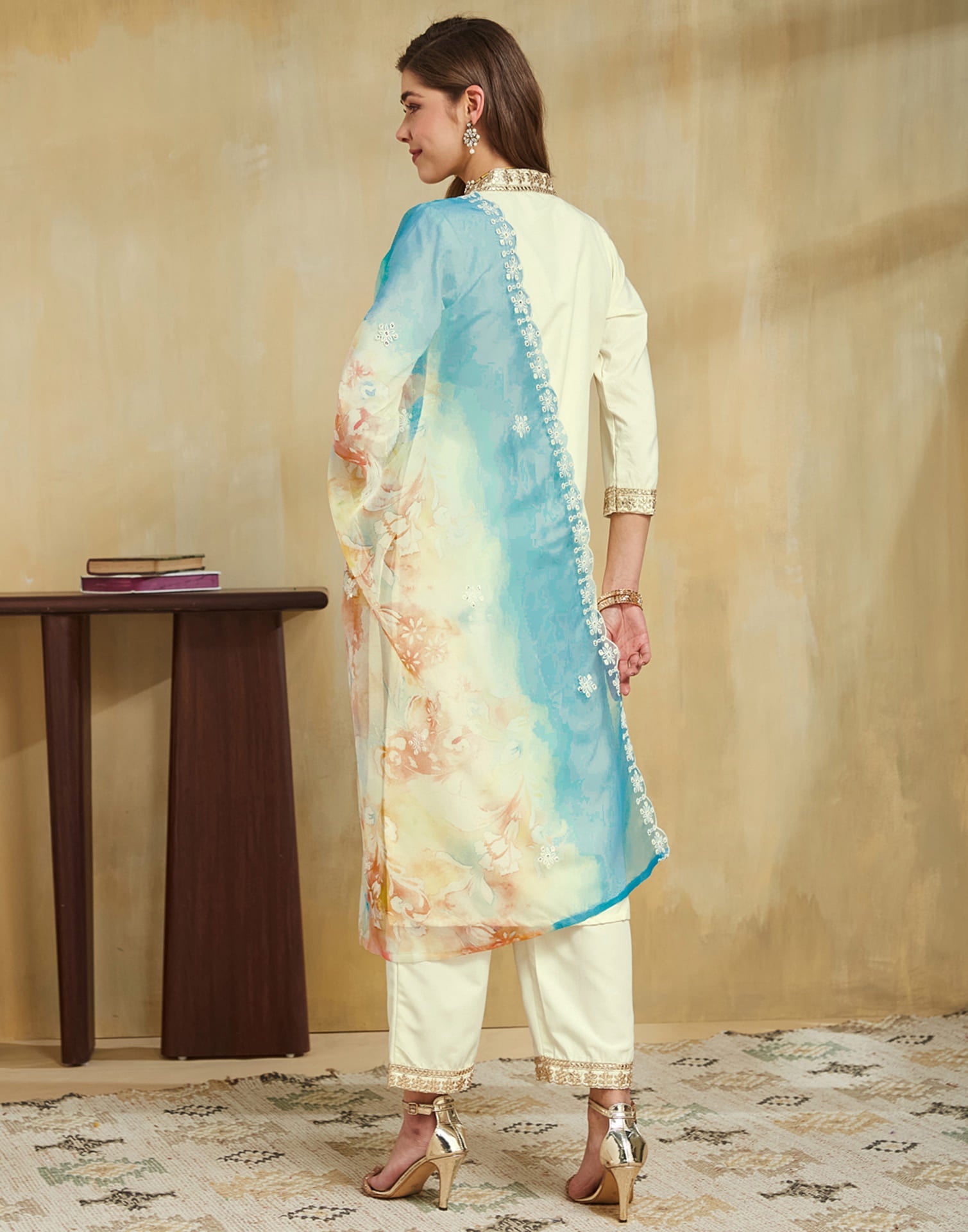 Cream Silk Embroidery Straight Kurta Set With Dupatta