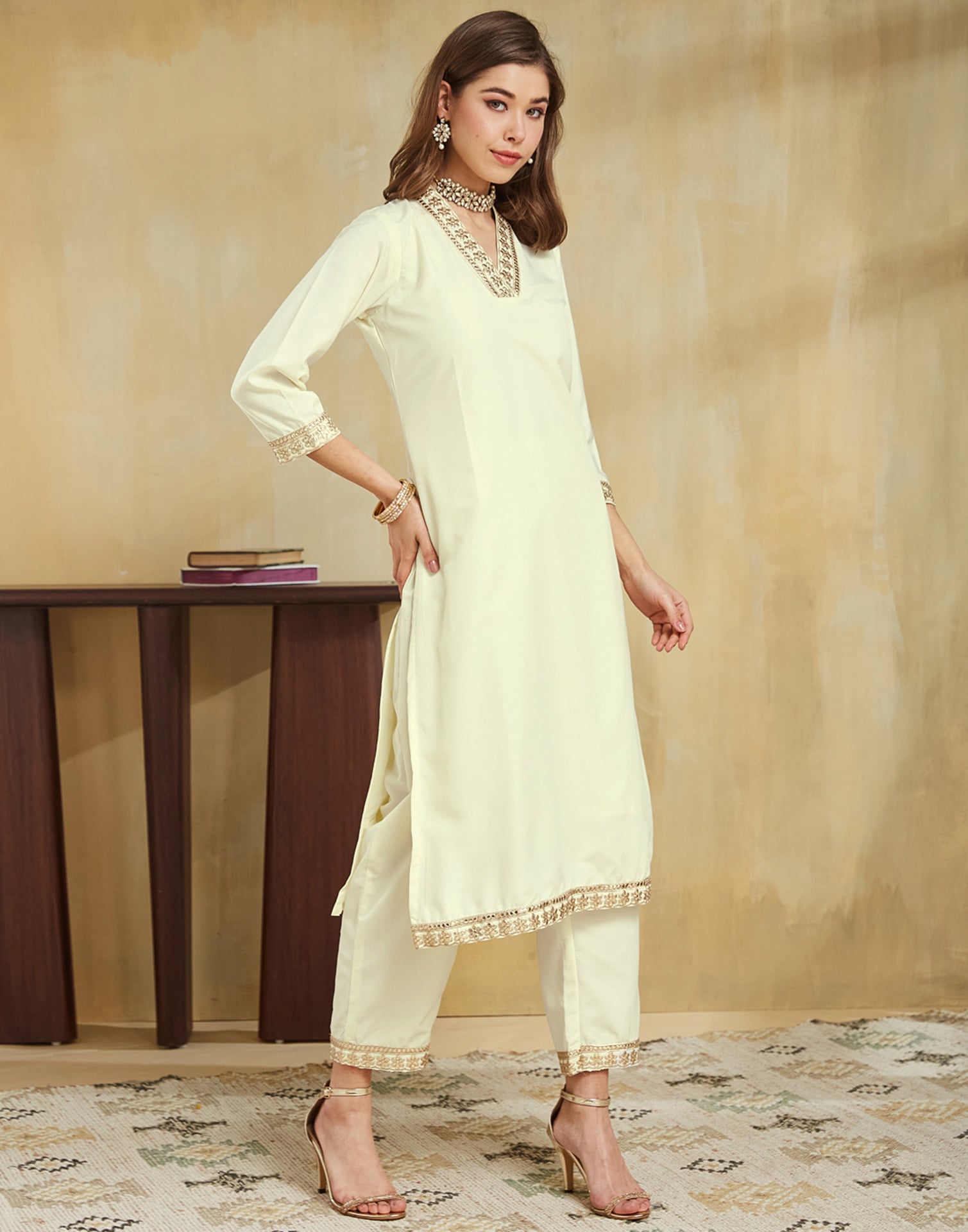 Cream Silk Embroidery Straight Kurta Set With Dupatta