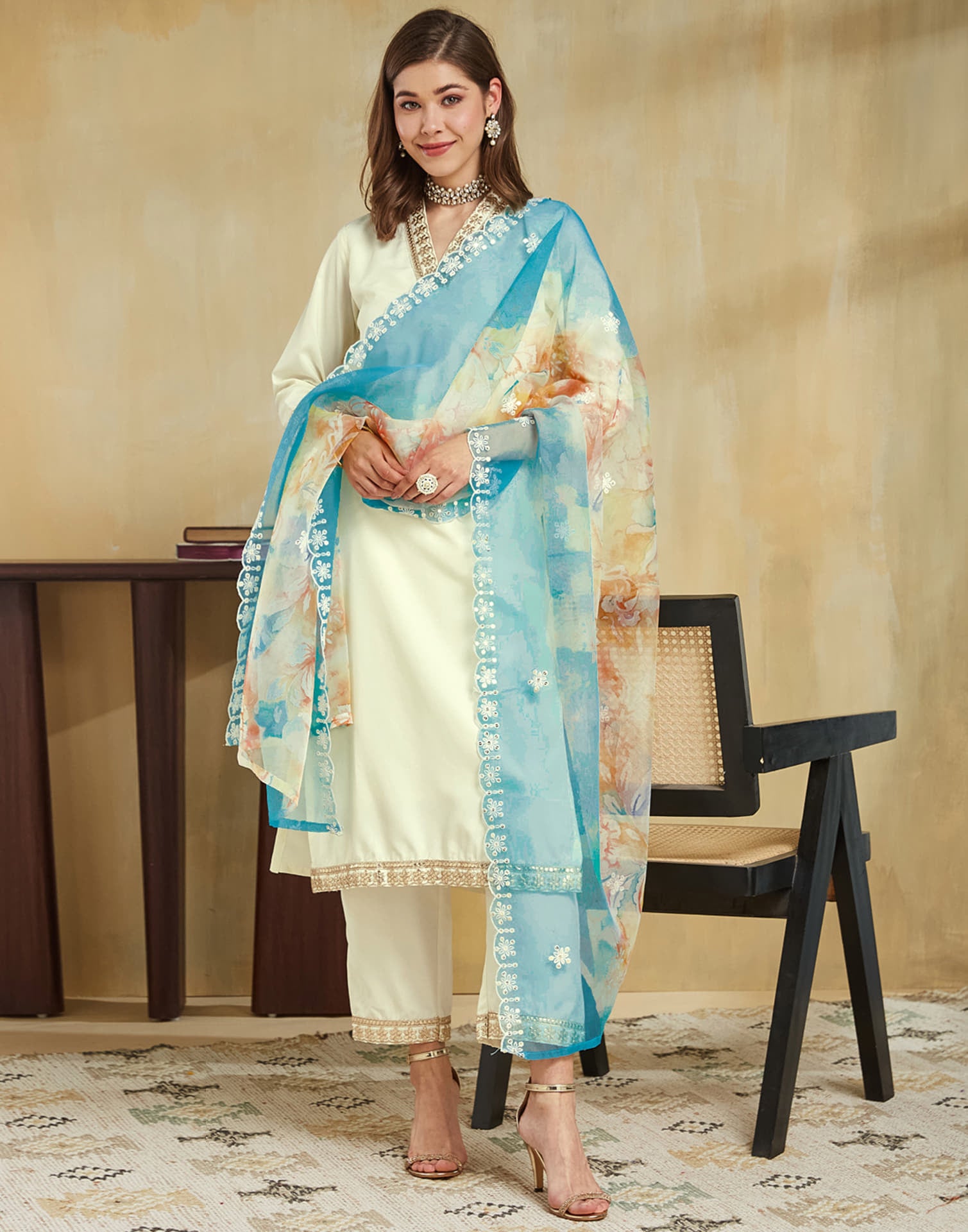 Cream Silk Embroidery Straight Kurta Set With Dupatta