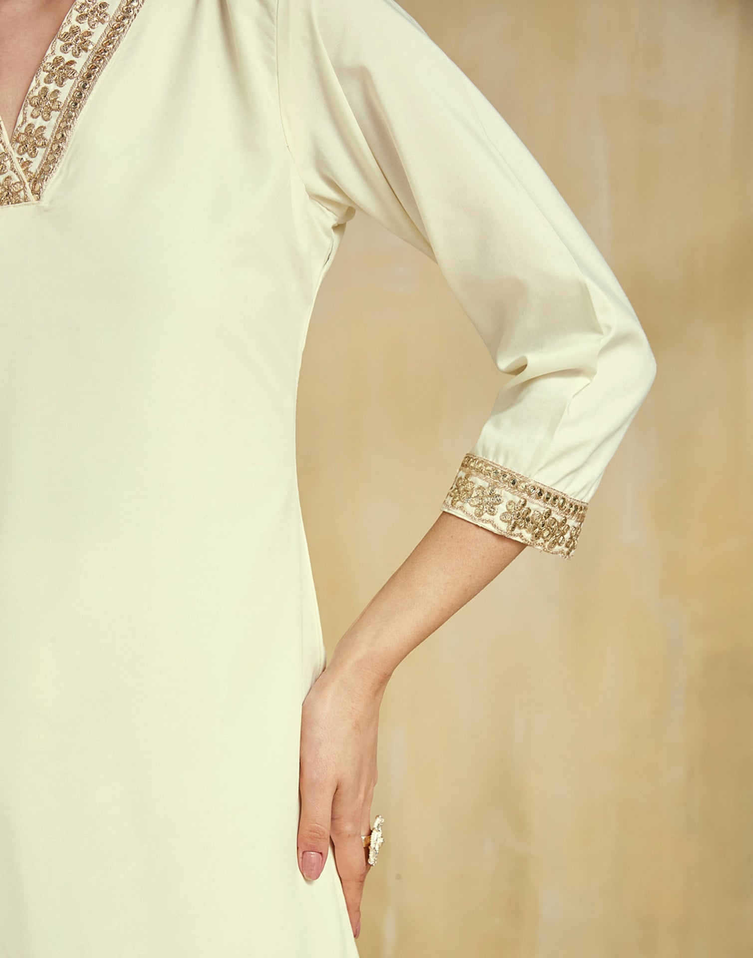 Cream Silk Embroidery Straight Kurta Set With Dupatta