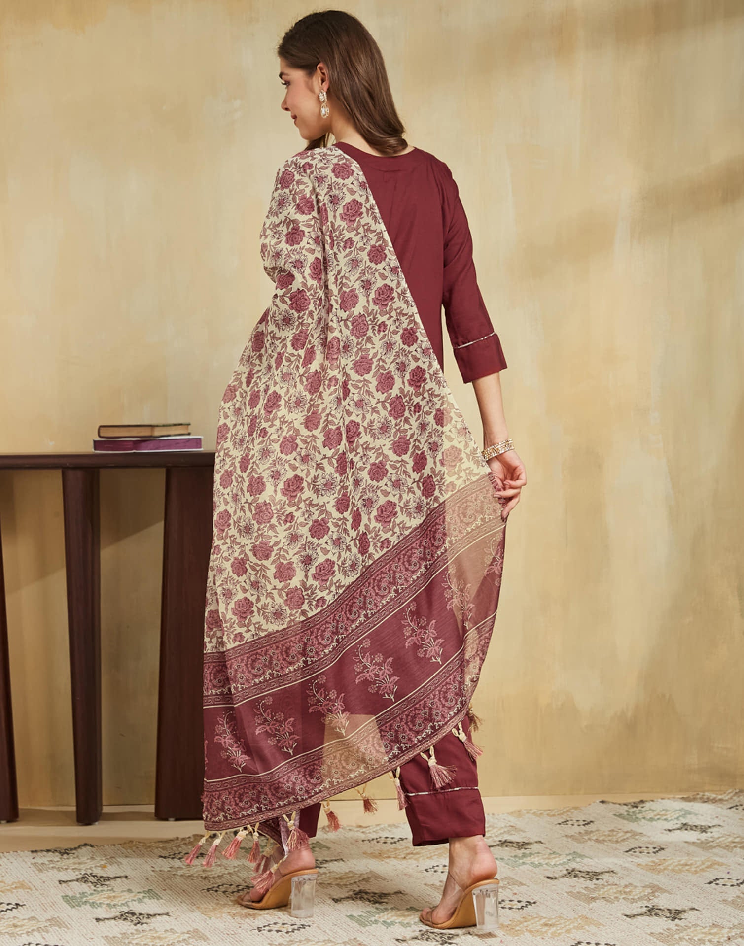 Maroon Silk Embroidery Straight Kurta Set With Dupatta