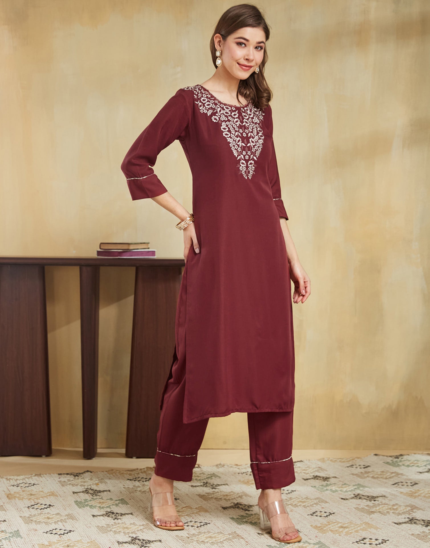 Maroon Silk Embroidery Straight Kurta Set With Dupatta