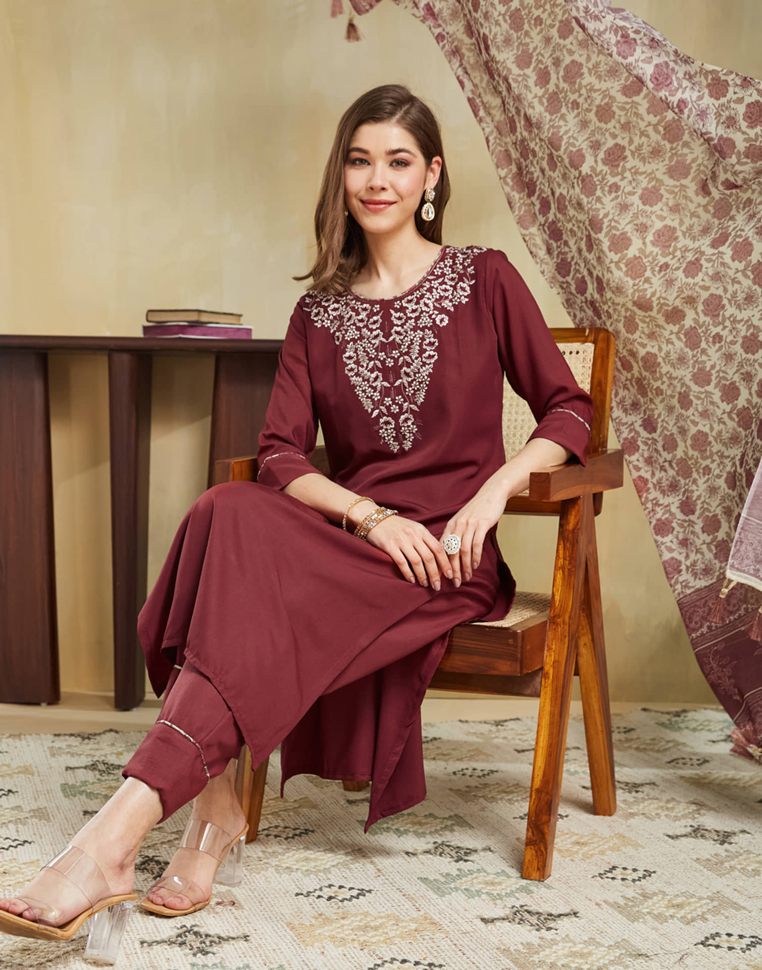 Maroon Silk Embroidery Straight Kurta Set With Dupatta