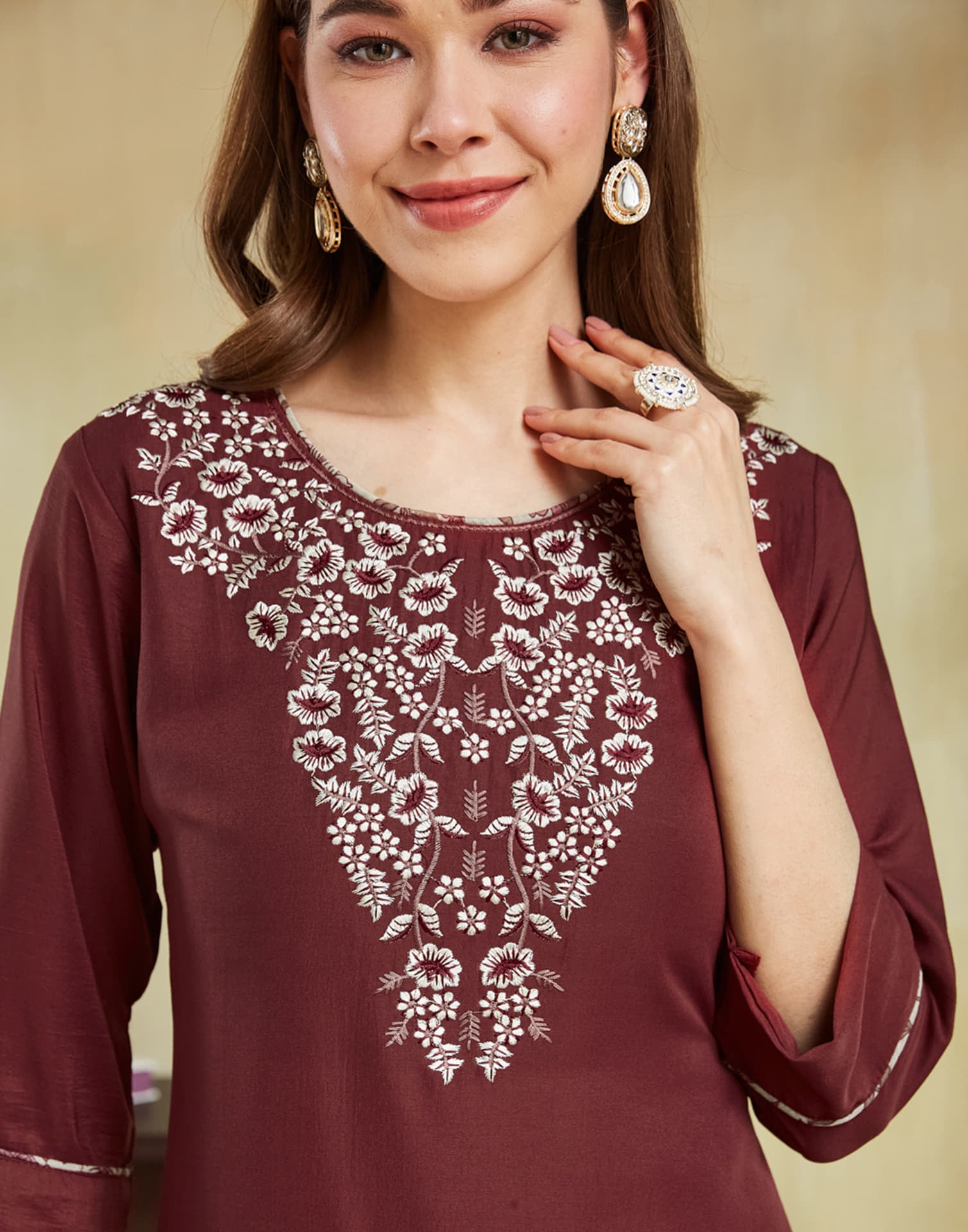 Maroon Silk Embroidery Straight Kurta Set With Dupatta