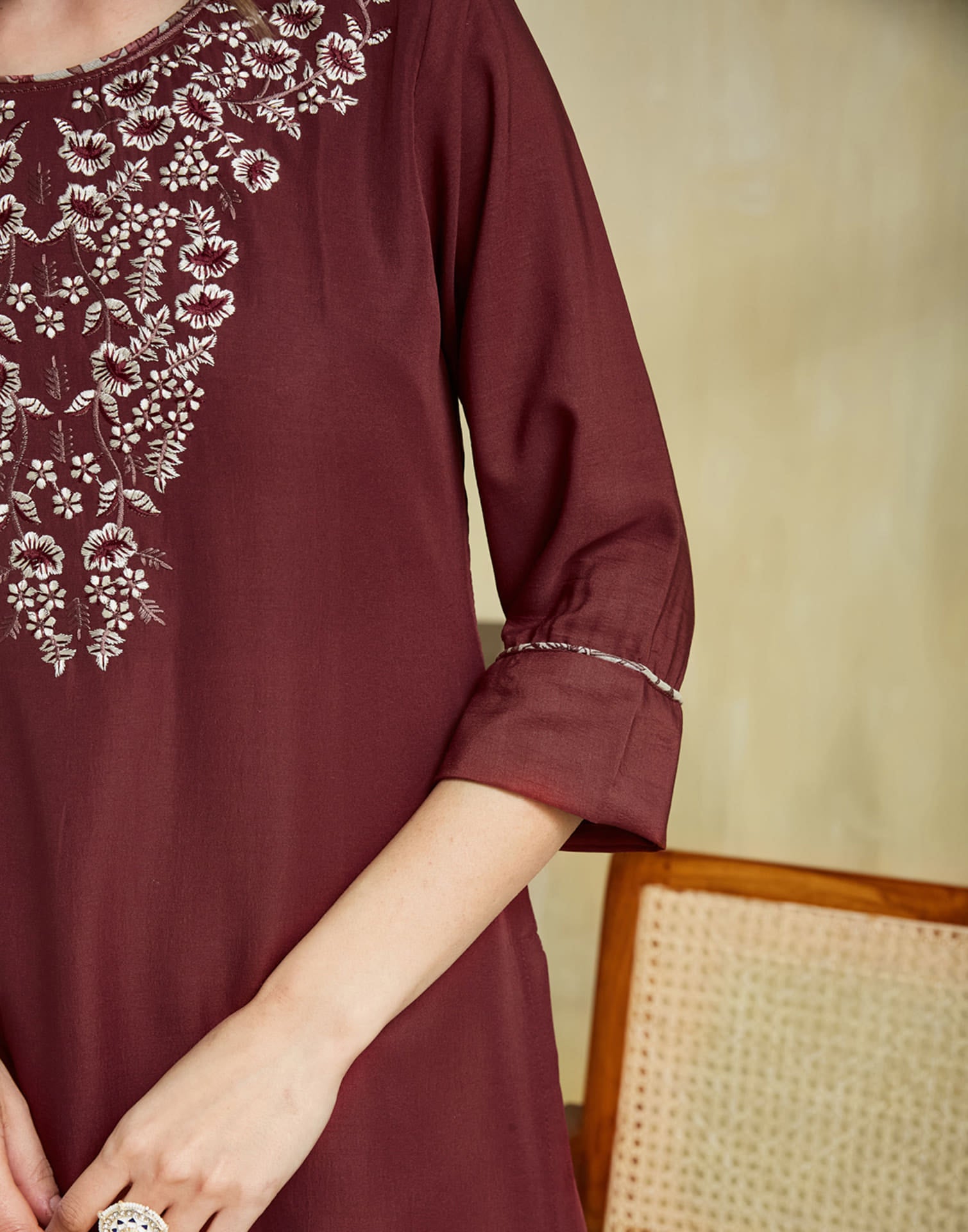 Maroon Silk Embroidery Straight Kurta Set With Dupatta