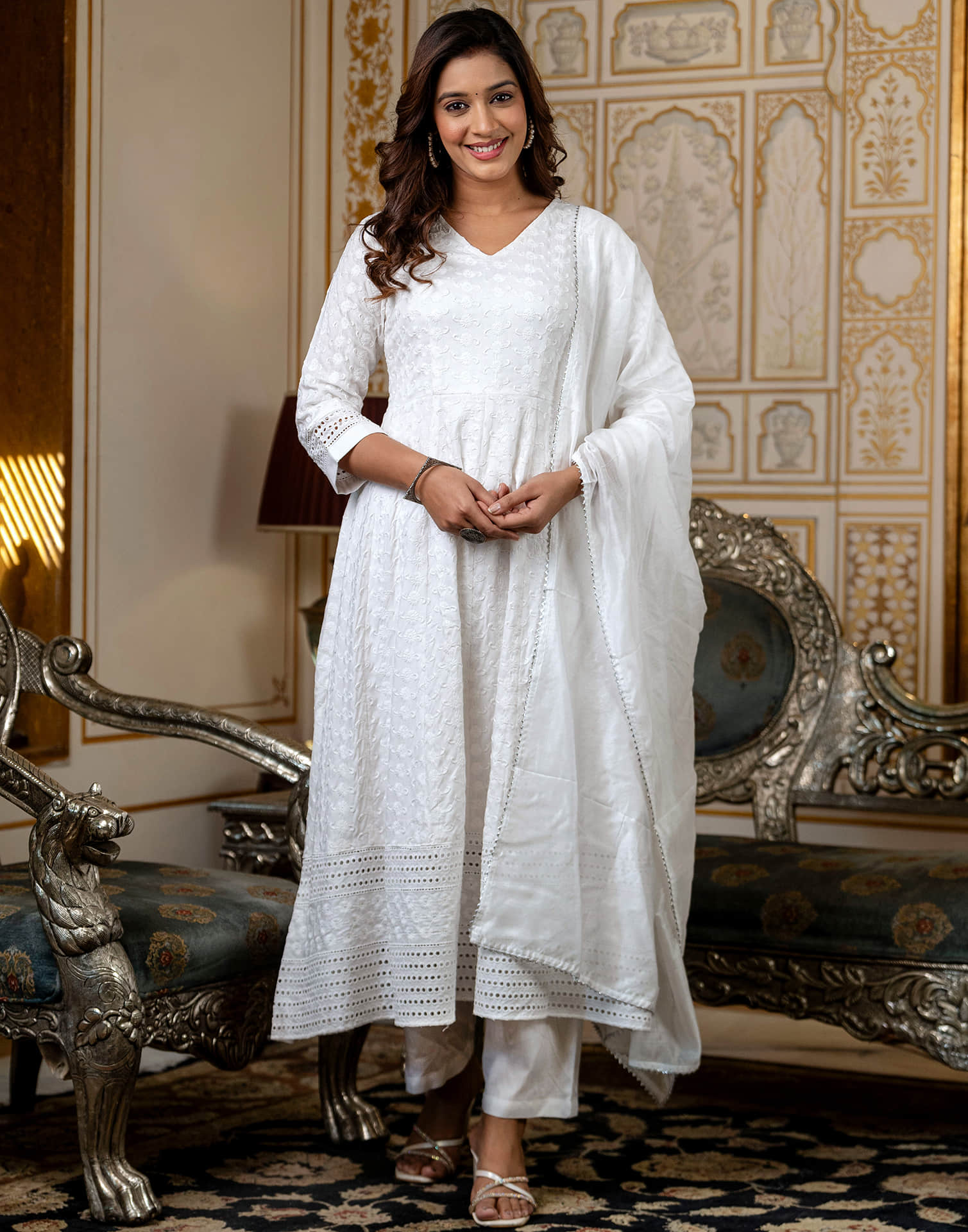 White Rayon Chikankari Embroidery Anarkali Kurta Set With Dupatta