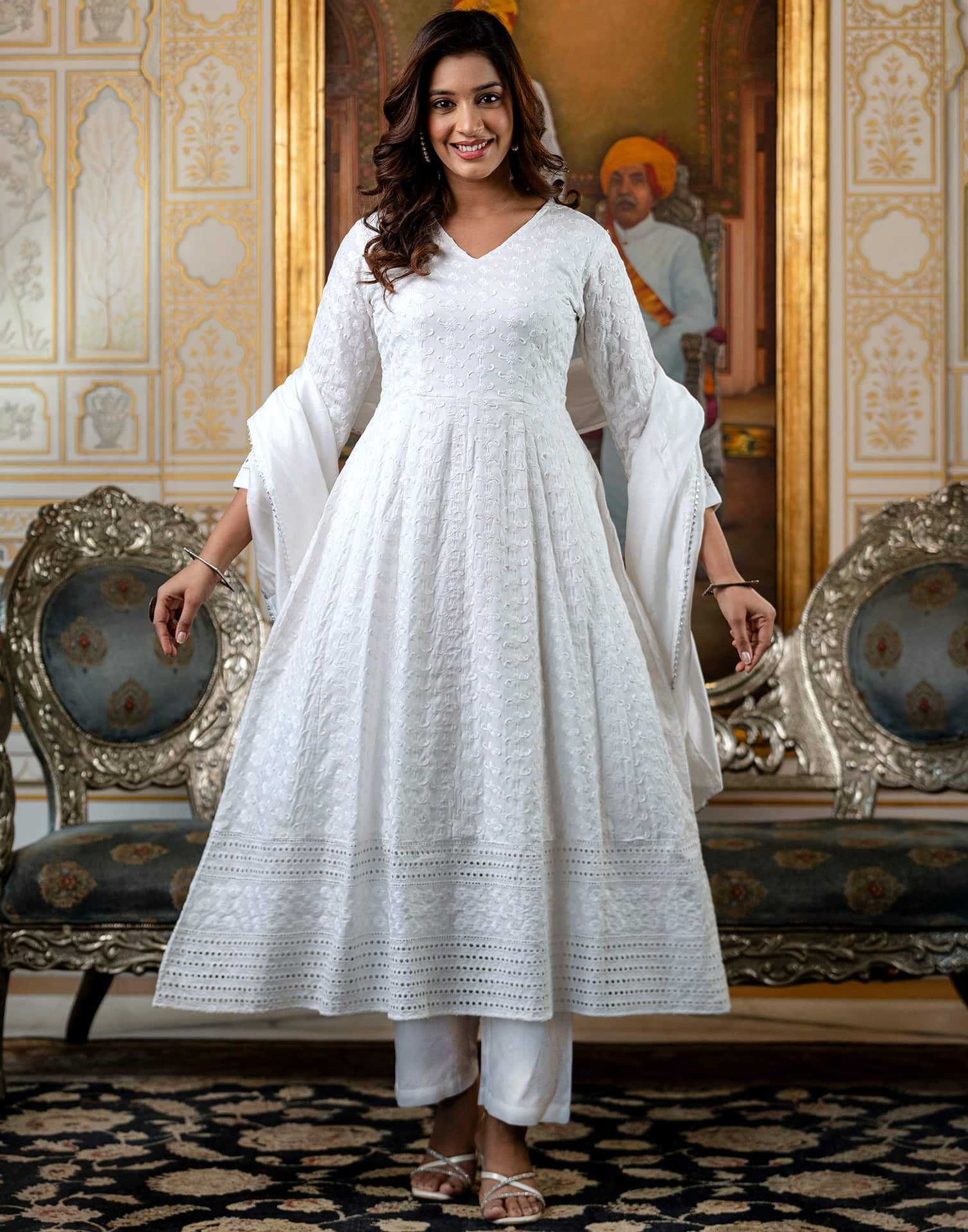White Rayon Chikankari Embroidery Anarkali Kurta Set With Dupatta