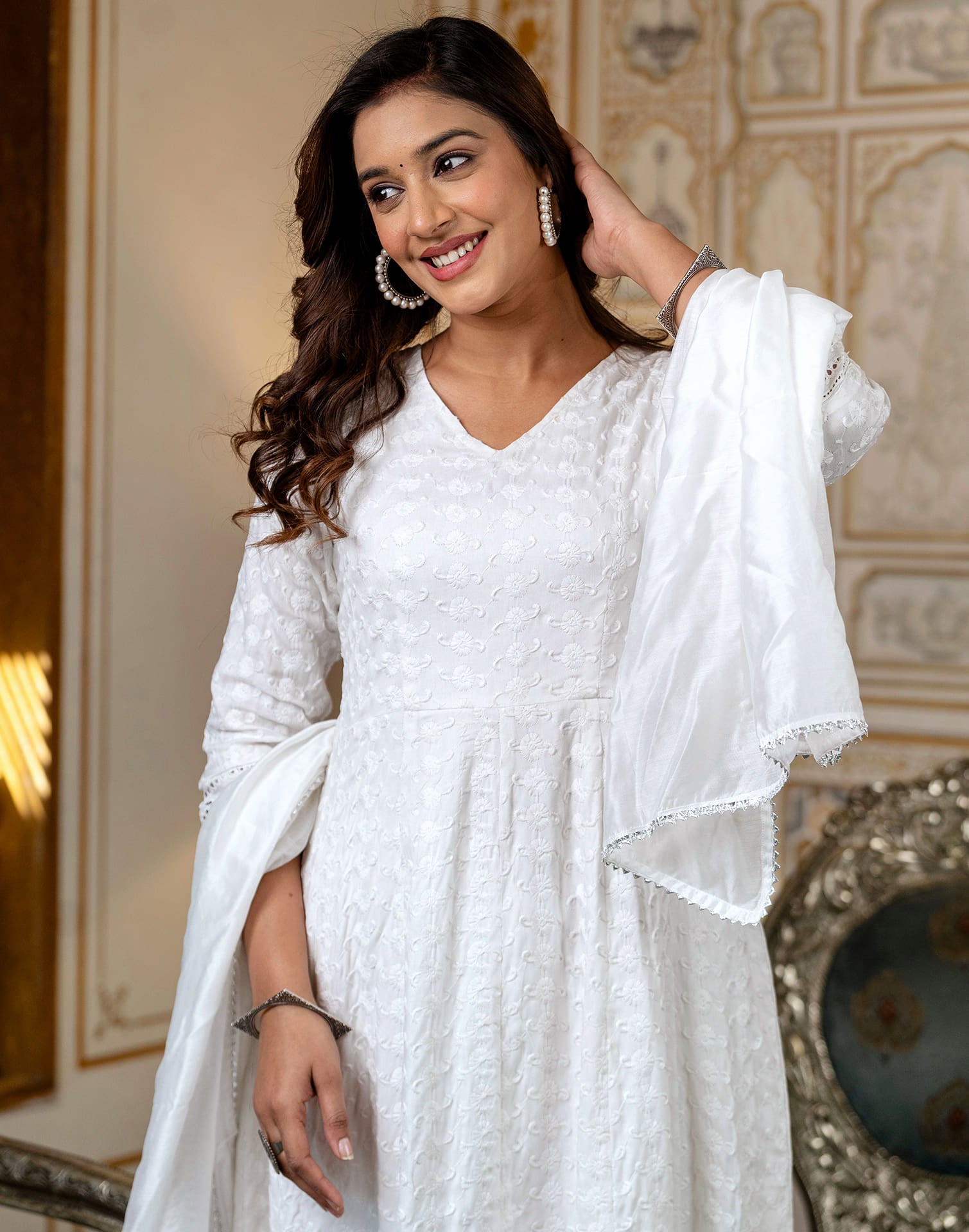 White Rayon Chikankari Embroidery Anarkali Kurta Set With Dupatta