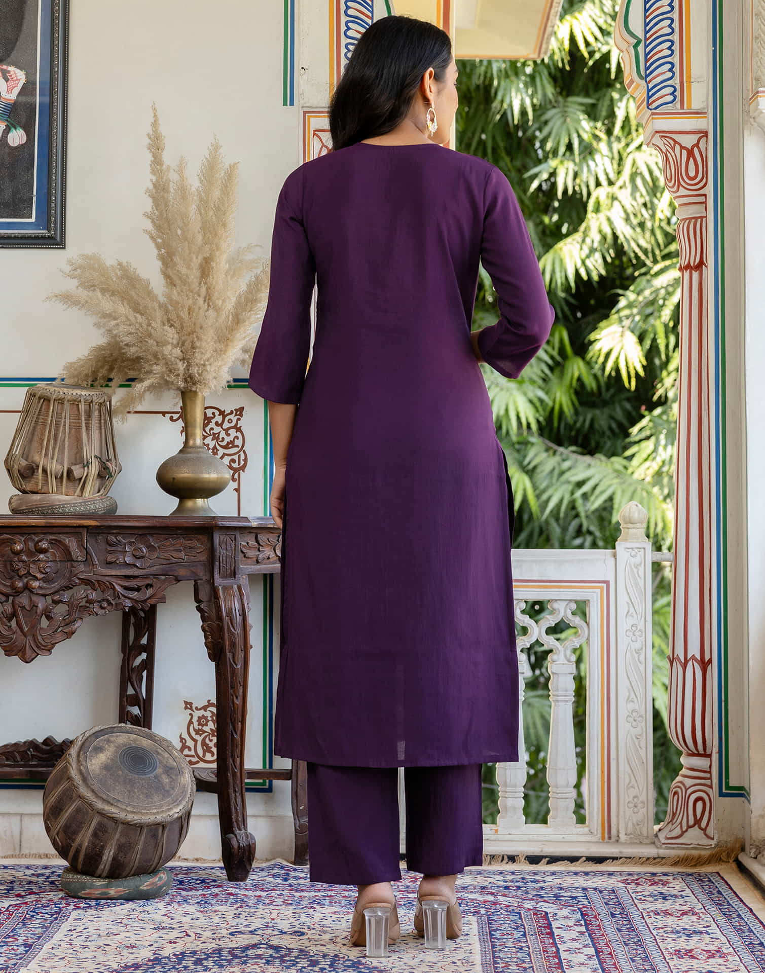 Dark Purple Silk Embroidery Straight Kurta Set With Dupatta