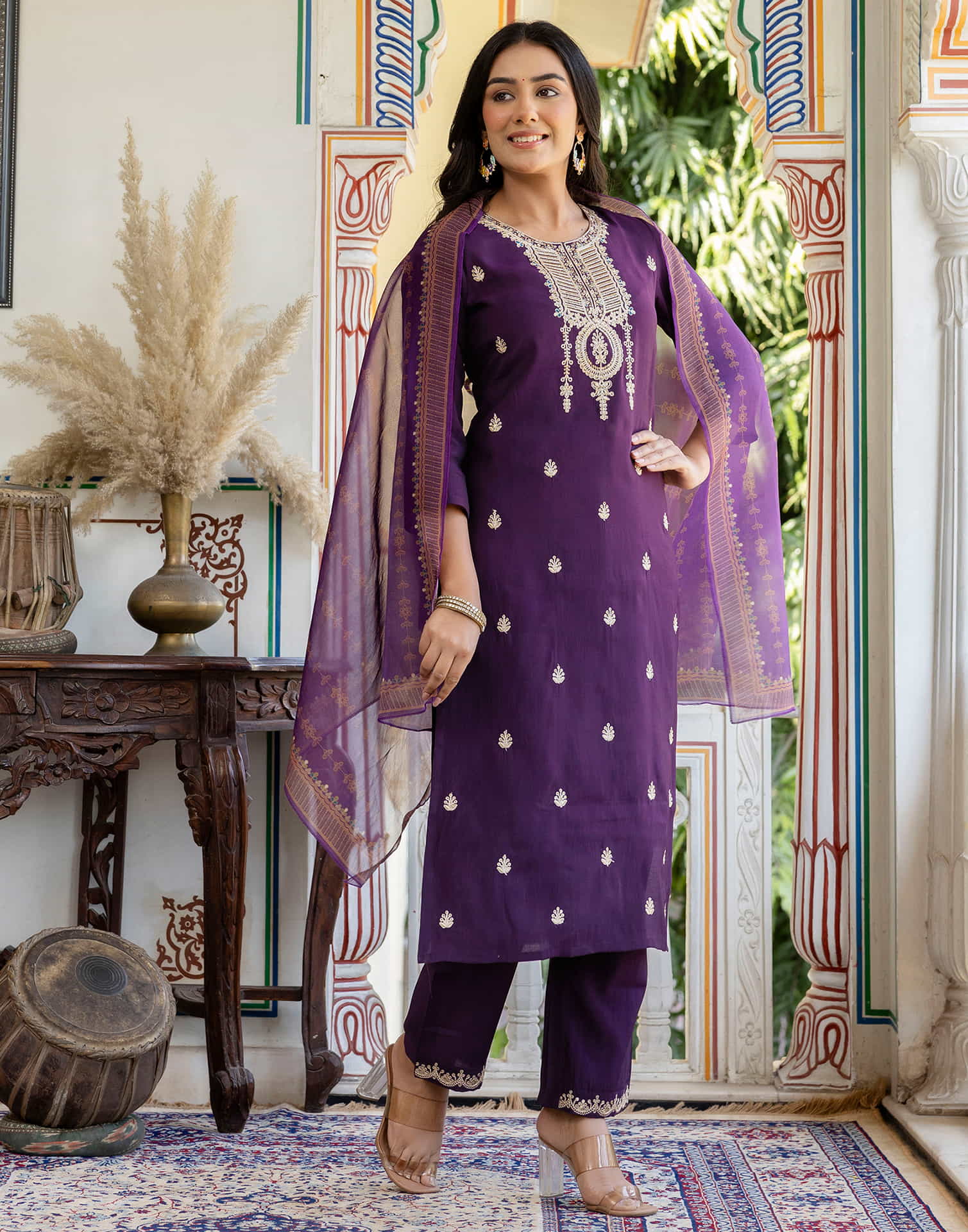 Dark Purple Silk Embroidery Straight Kurta Set With Dupatta