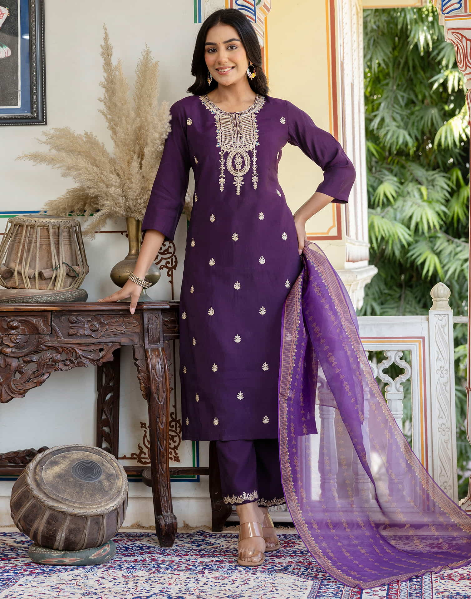 Dark Purple Silk Embroidery Straight Kurta Set With Dupatta