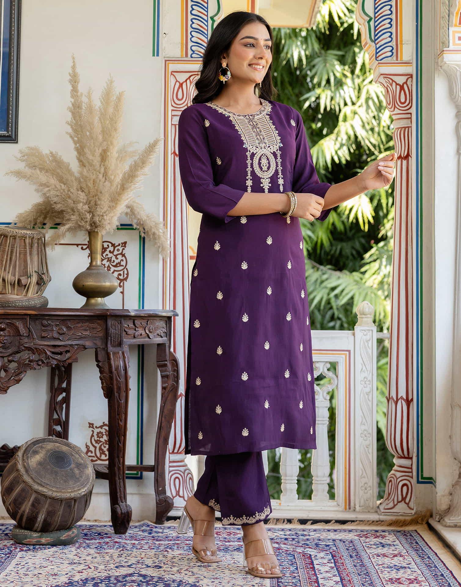 Dark Purple Silk Embroidery Straight Kurta Set With Dupatta