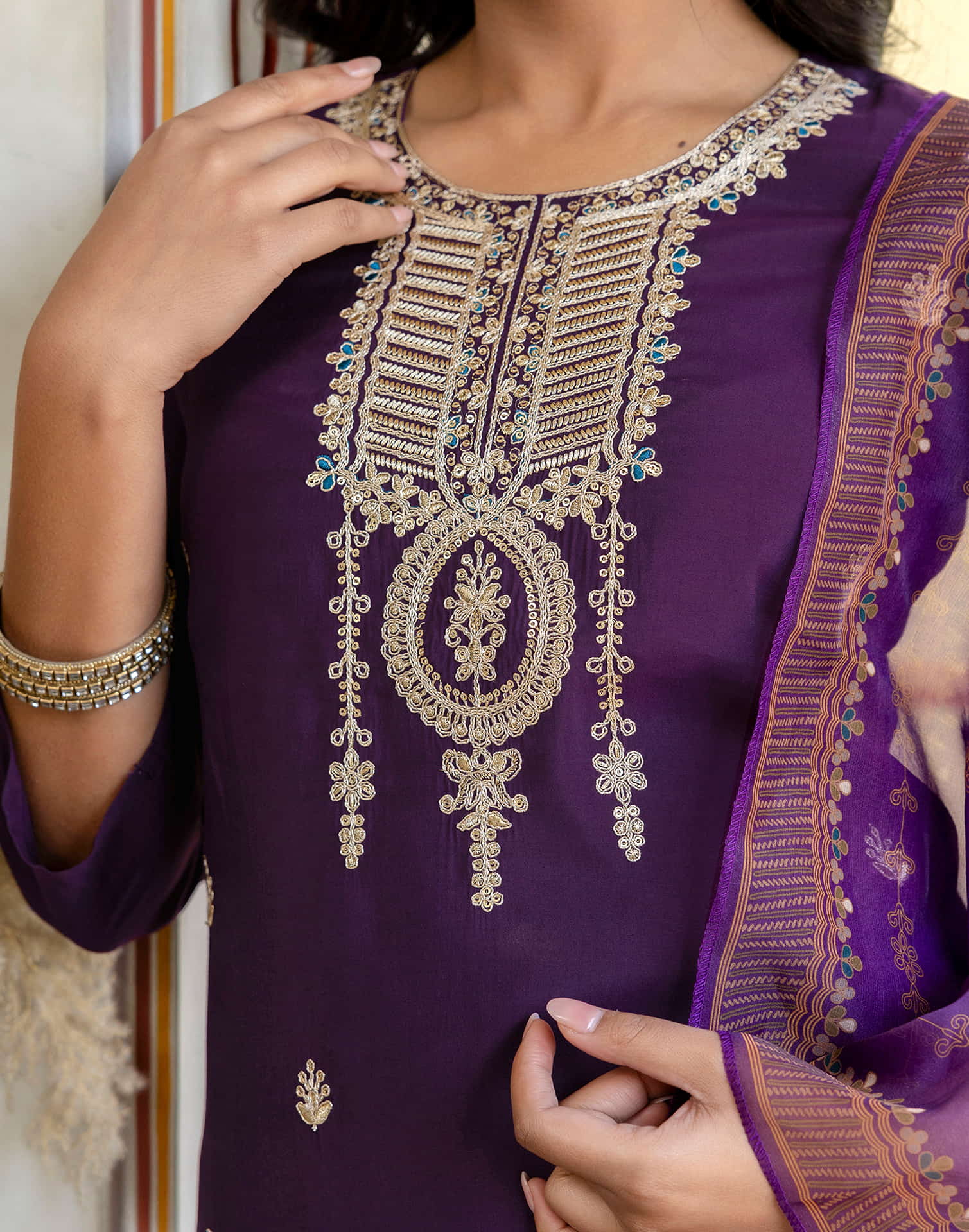 Dark Purple Silk Embroidery Straight Kurta Set With Dupatta