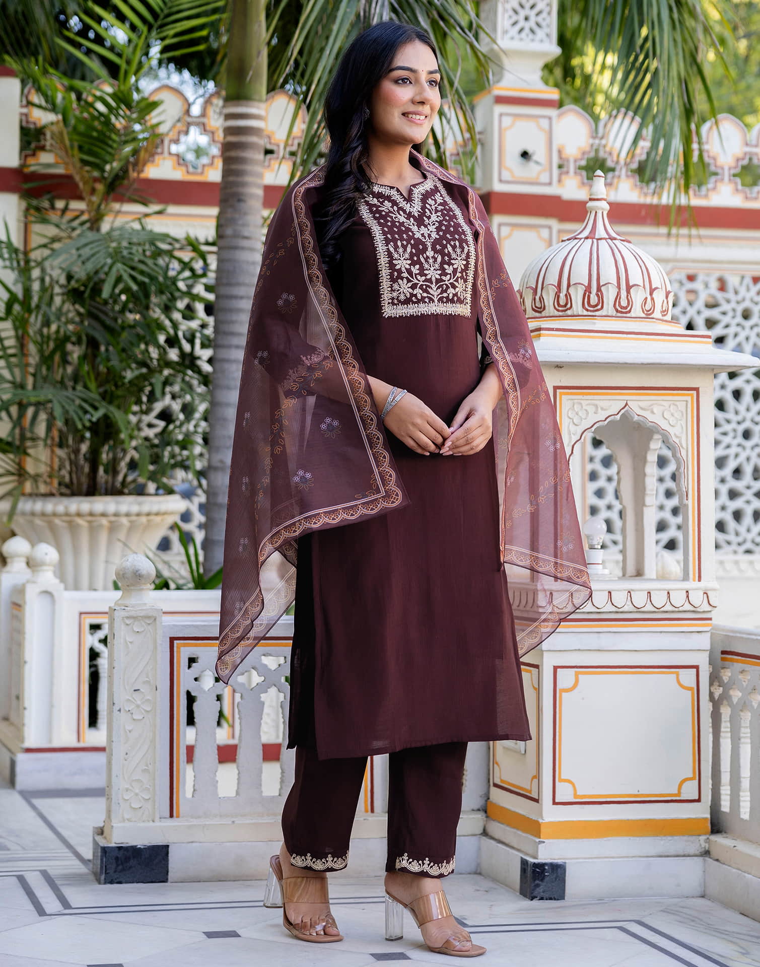 Brown Silk Embroidery Straight Kurta Set With Dupatta