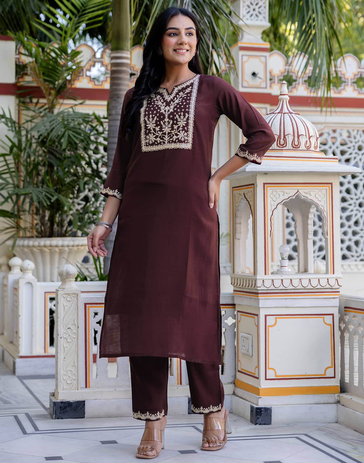Brown Silk Embroidery Straight Kurta Set With Dupatta