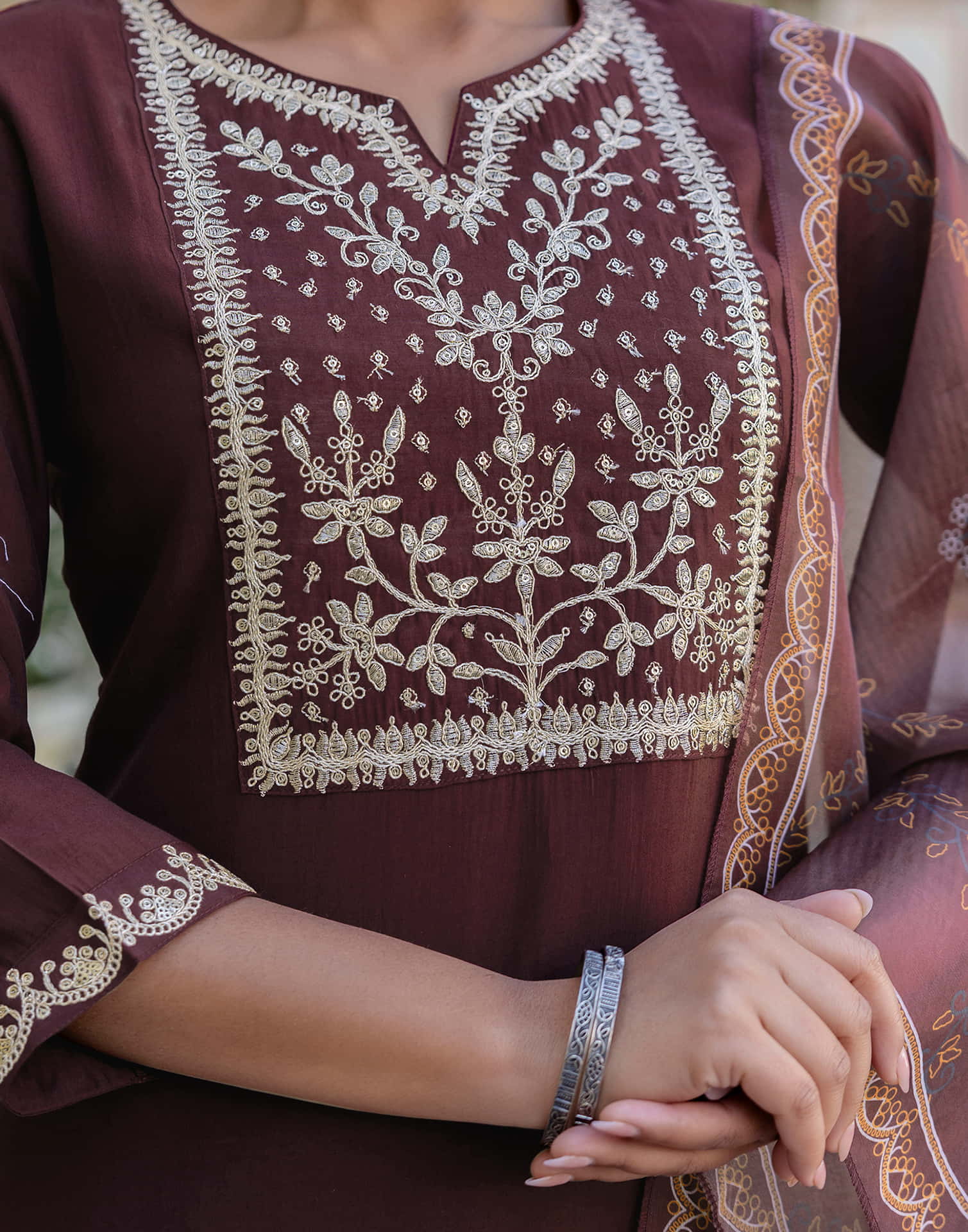 Brown Silk Embroidery Straight Kurta Set With Dupatta