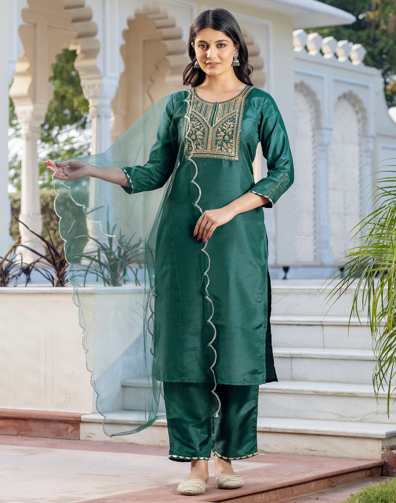 Dark Green Silk Blend Embroidery Straight Kurta Set With Dupatta