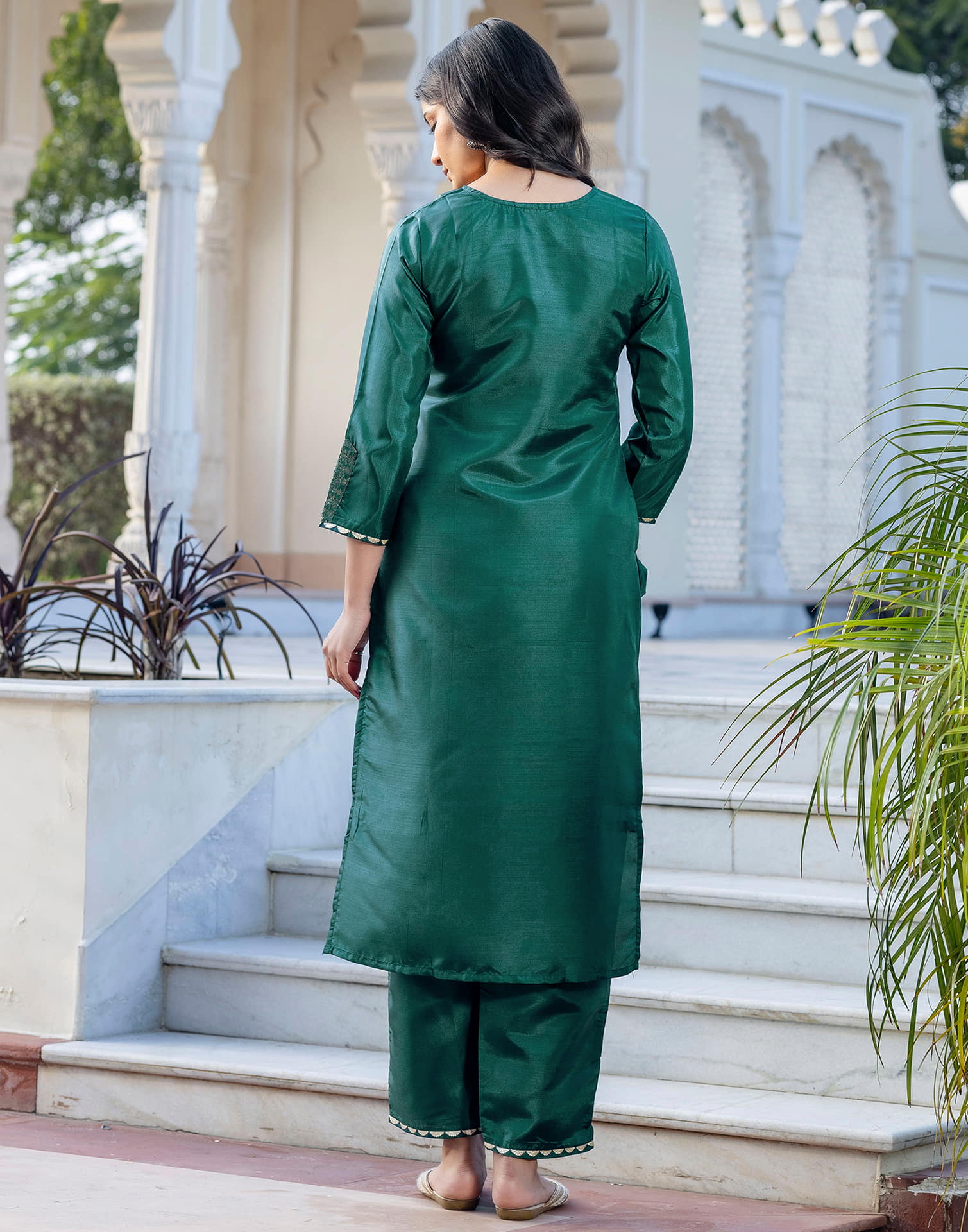 Dark Green Silk Blend Embroidery Straight Kurta Set With Dupatta