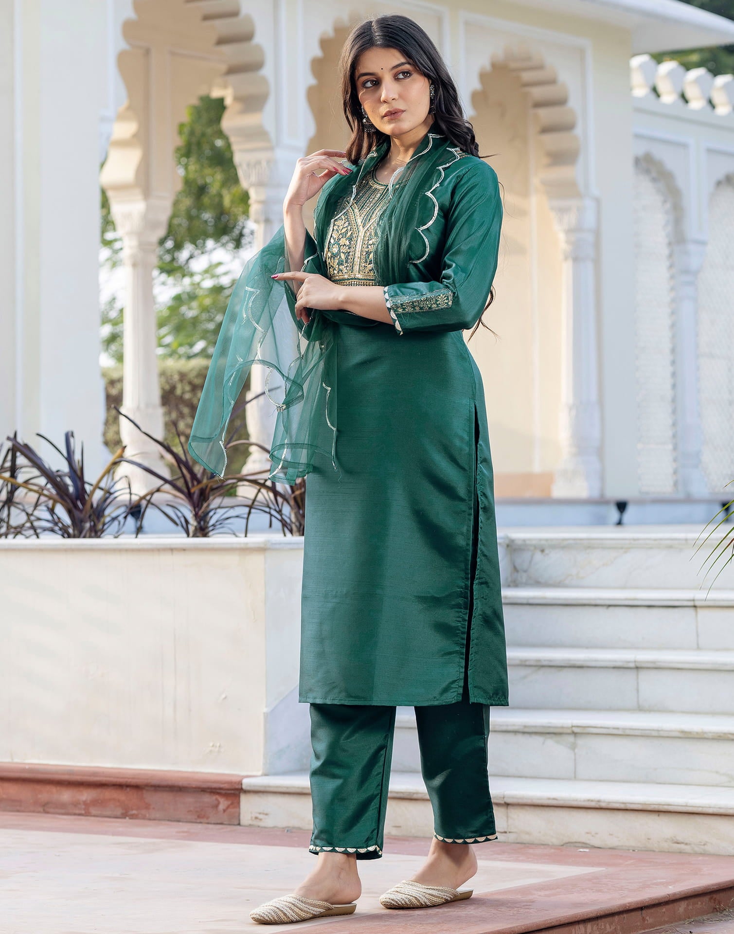 Dark Green Silk Blend Embroidery Straight Kurta Set With Dupatta