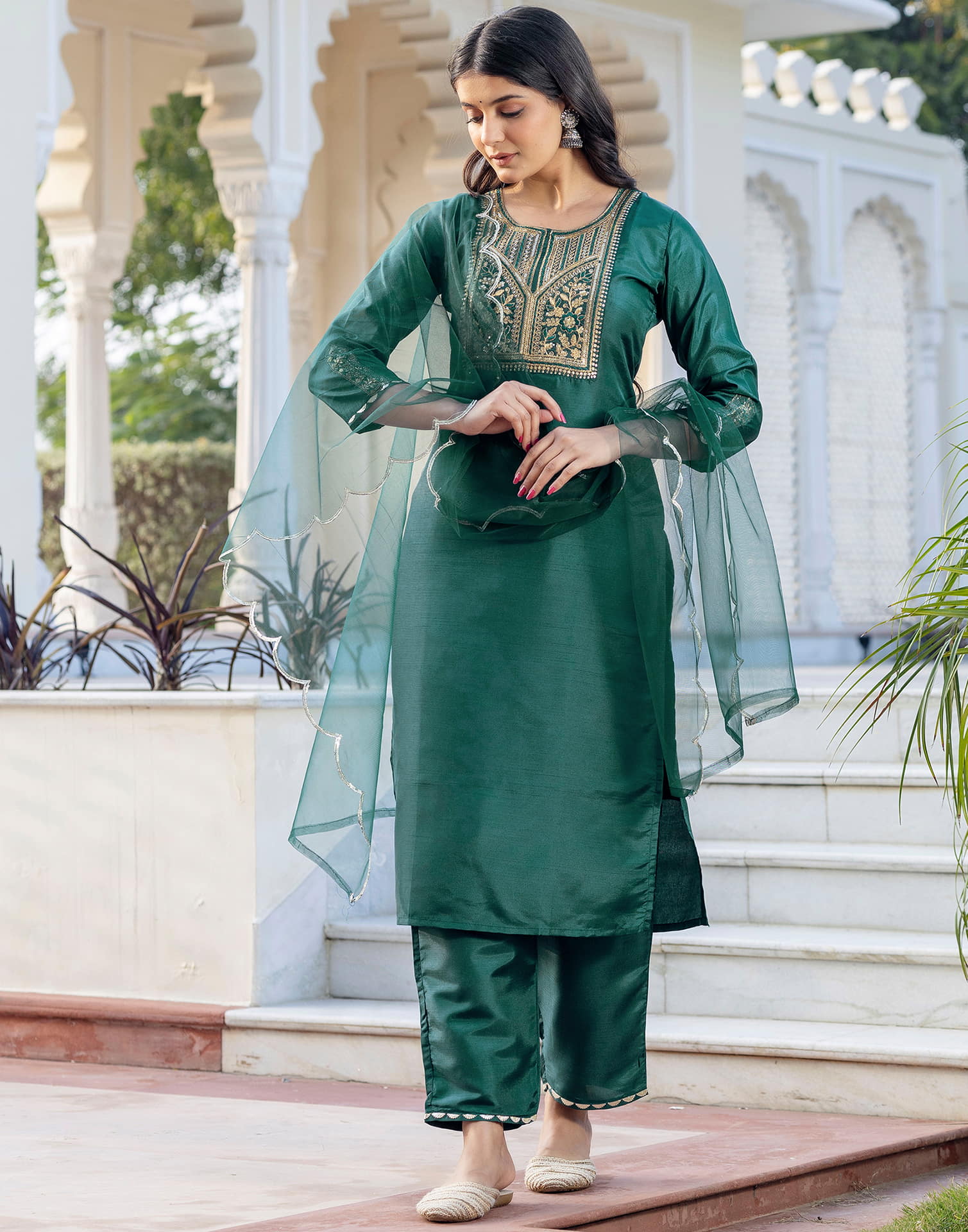 Dark Green Silk Blend Embroidery Straight Kurta Set With Dupatta