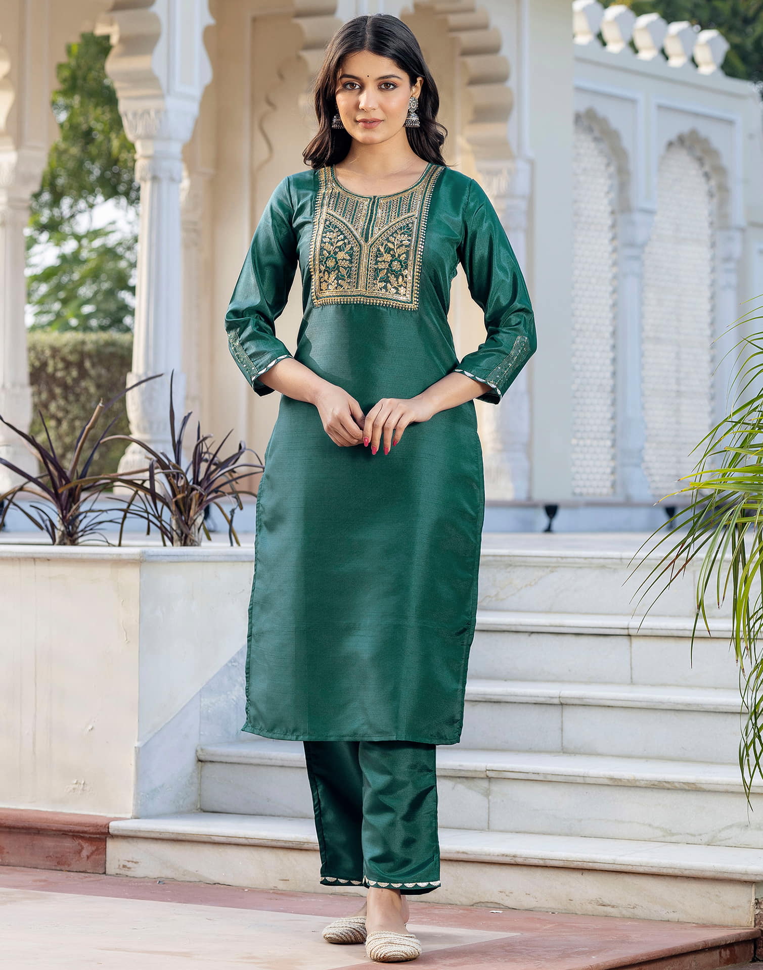 Dark Green Silk Blend Embroidery Straight Kurta Set With Dupatta