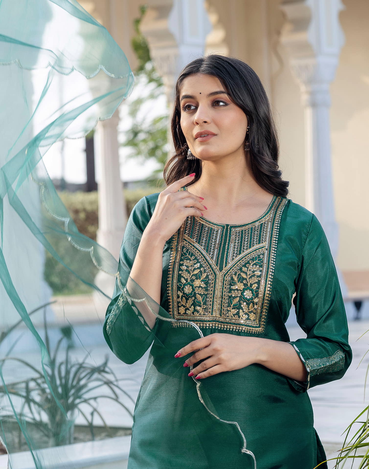 Dark Green Silk Blend Embroidery Straight Kurta Set With Dupatta