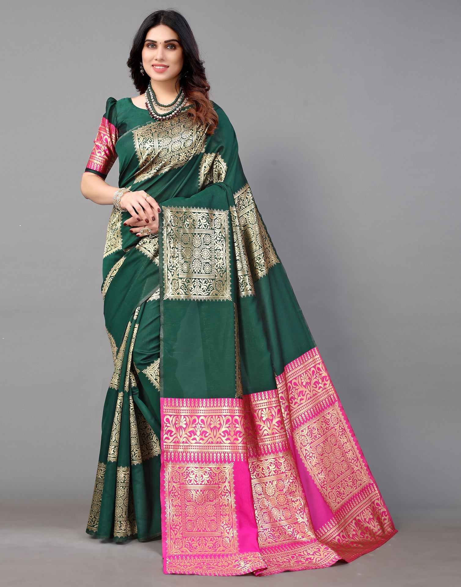 Dark Green And Golden Banarasi Silk Saree | Sudathi