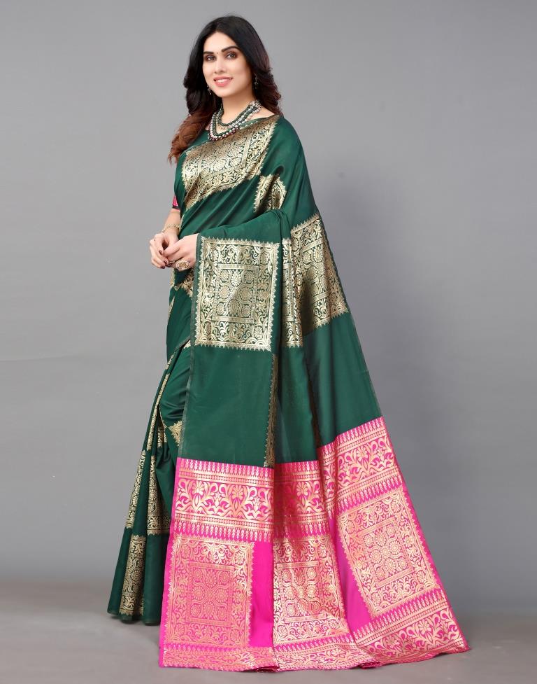 Dark Green And Golden Banarasi Silk Saree | Sudathi