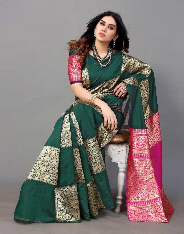 Dark Green And Golden Banarasi Silk Saree | Sudathi