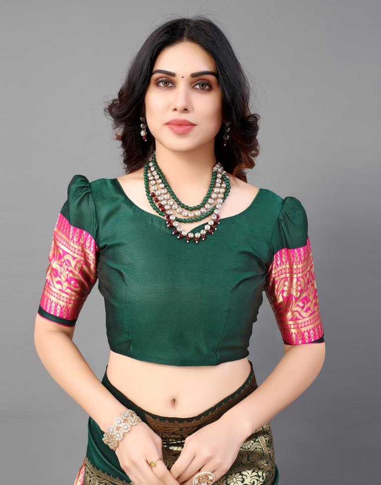 Dark Green And Golden Banarasi Silk Saree | Sudathi