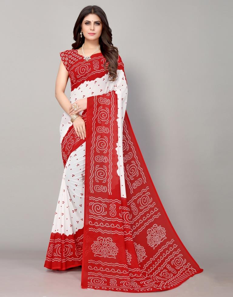 Red And White Bandhani Printed Saree | Sudathi
