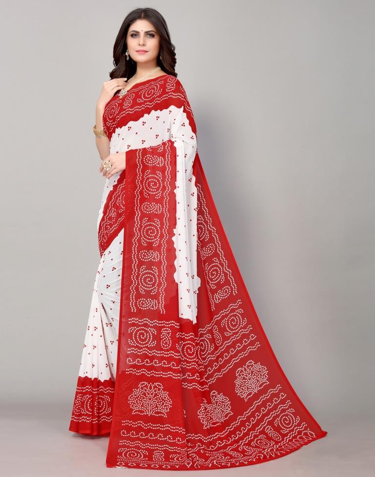 Red And White Bandhani Printed Saree | Sudathi
