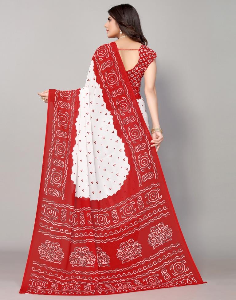 Red And White Bandhani Printed Saree | Sudathi