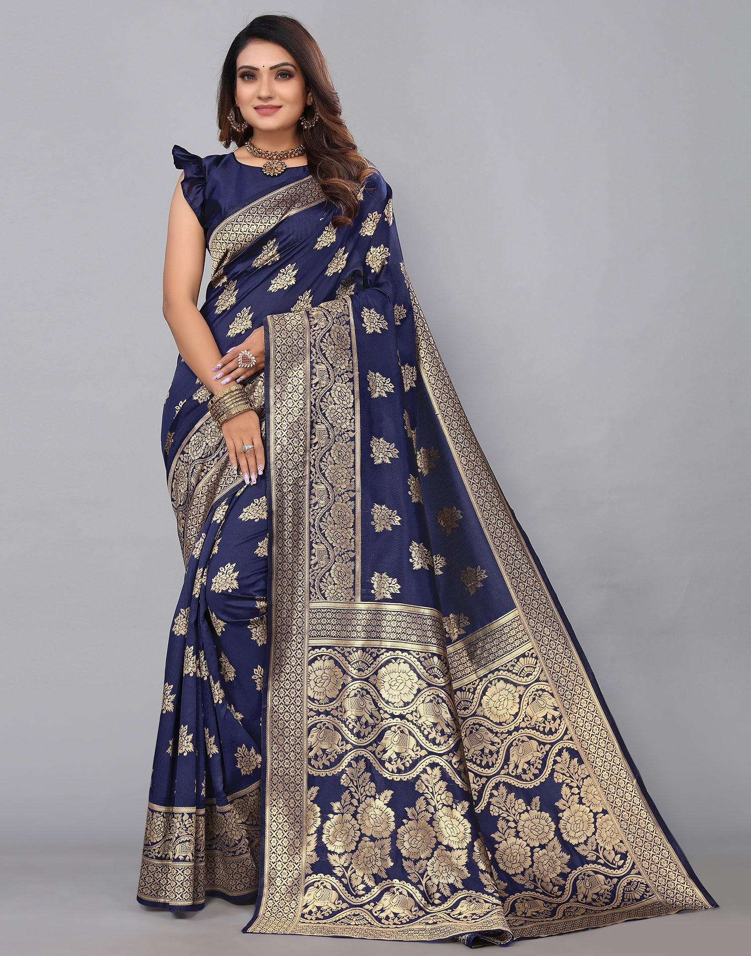 Navy Blue Banarasi Silk Saree | Sudathi