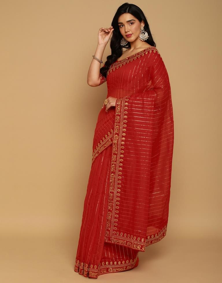 Light Red Cotton Embroidery Saree | Sudathi