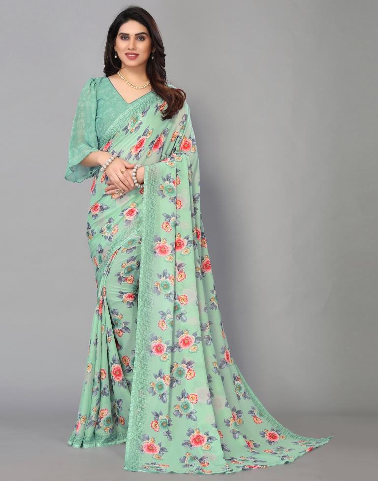 Mint Green Printed Saree | Sudathi